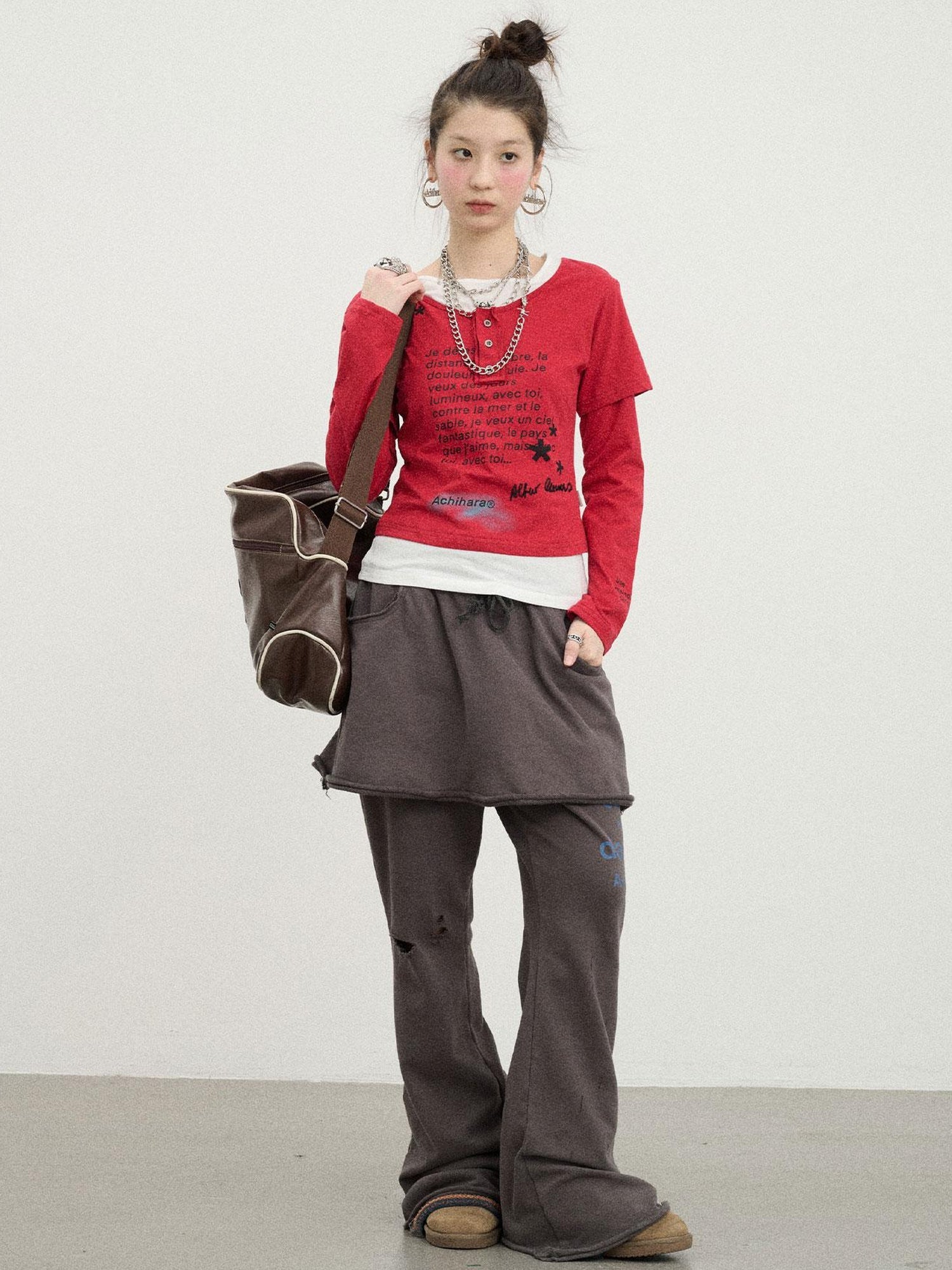 Achihara Distressed Love Letter Print Long Sleeve Tee