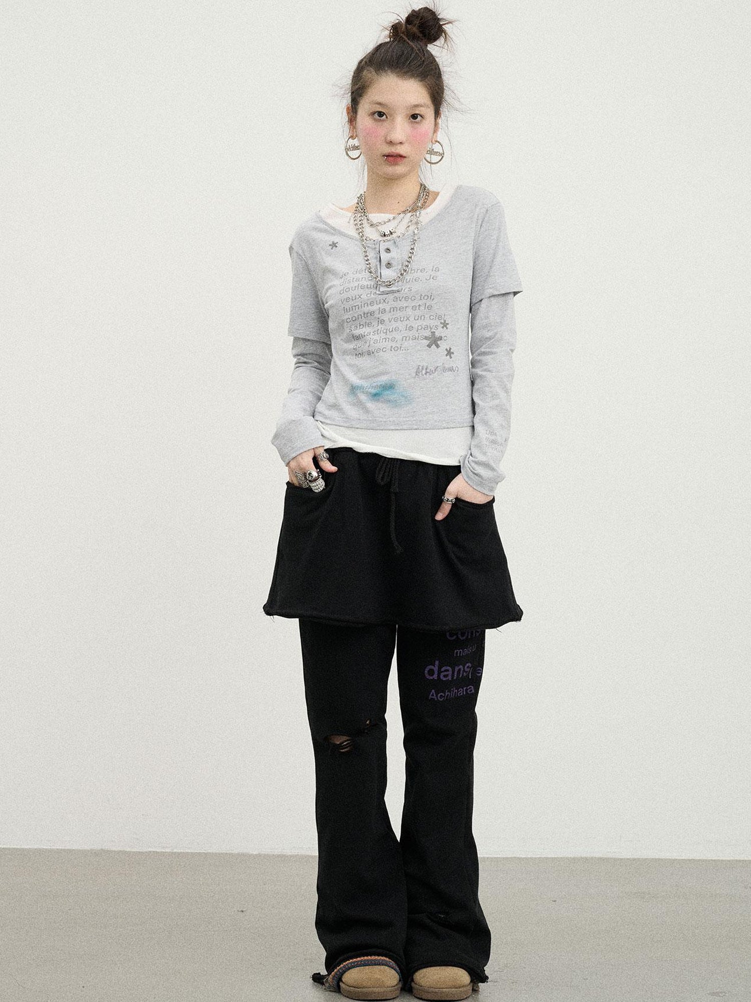 Achihara Distressed Love Letter Print Long Sleeve Tee