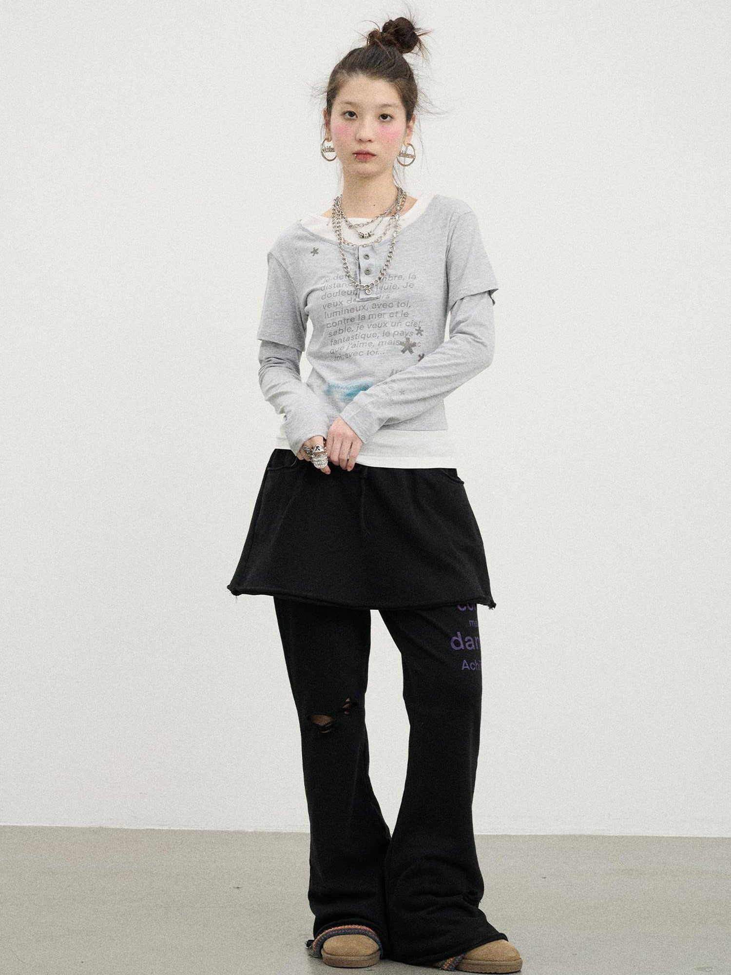 Achihara Distressed Love Letter Print Long Sleeve Tee