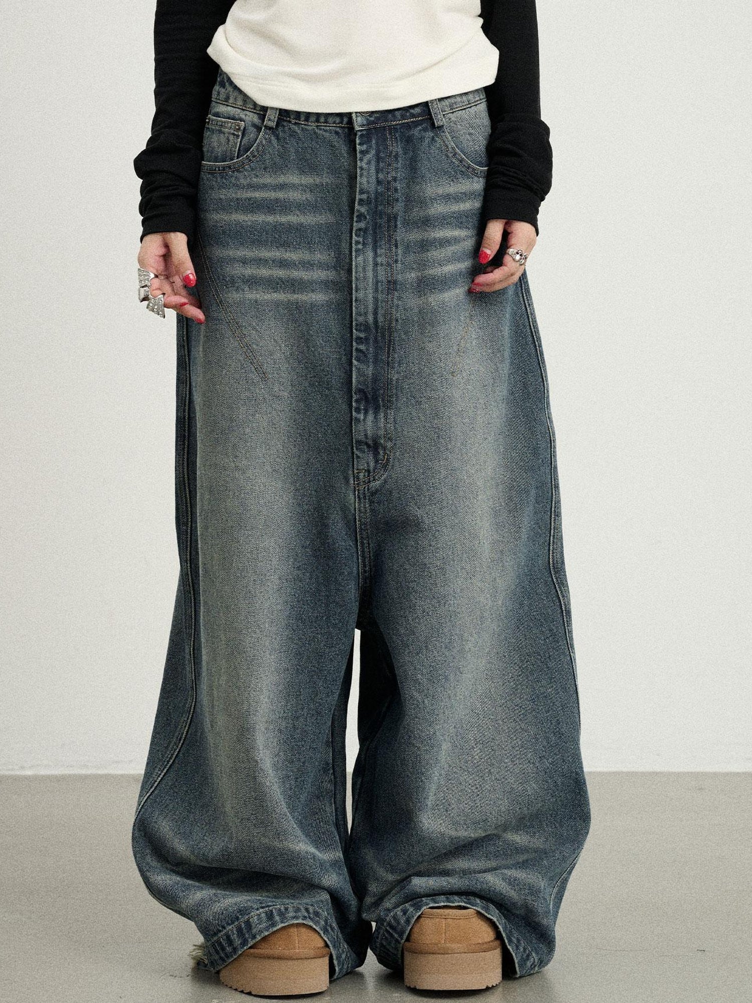 Achihara Drop Crotch Baggy Jeans Oversized Wide Leg Trousers