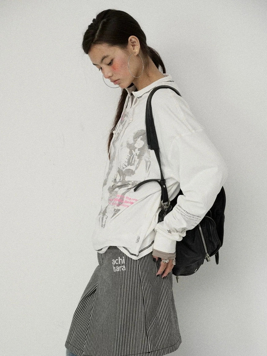 Achihara Edgy Punk Loose Fit Long Sleeve Women Crew Neck Graphic Viscose Cotton T-Shirt