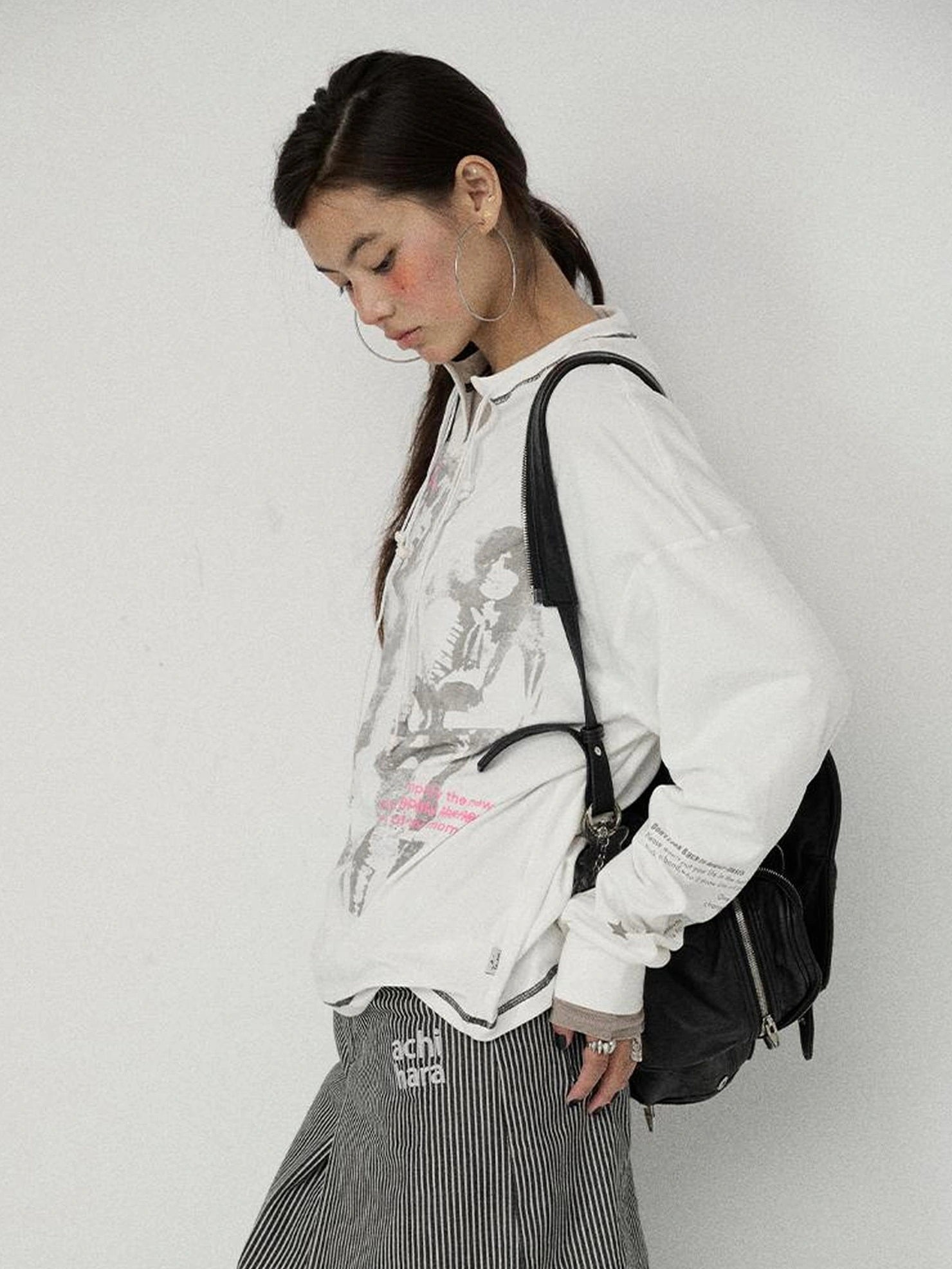 Achihara Edgy Punk Loose Fit Long Sleeve Women Crew Neck Graphic Viscose Cotton T-Shirt