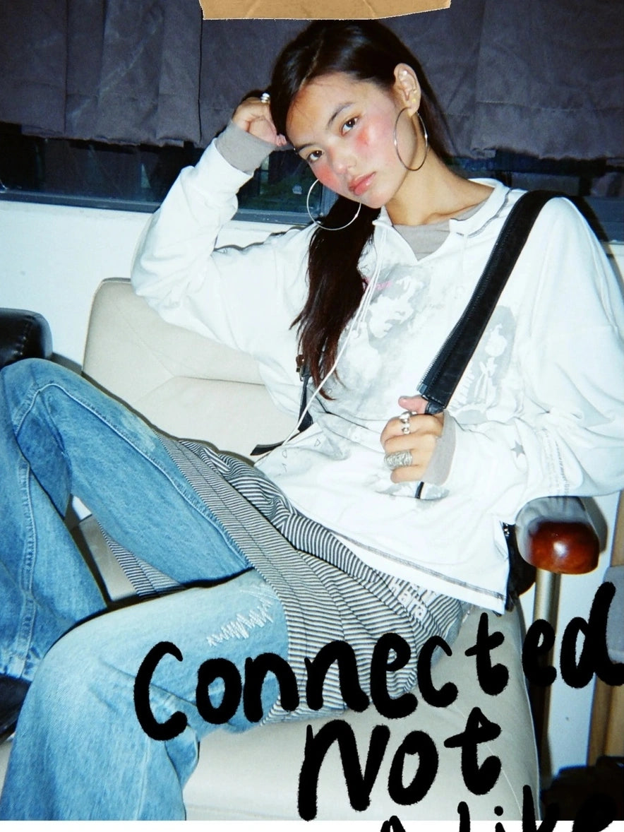 Achihara Edgy Punk Loose Fit Long Sleeve Women Crew Neck Graphic Viscose Cotton T-Shirt