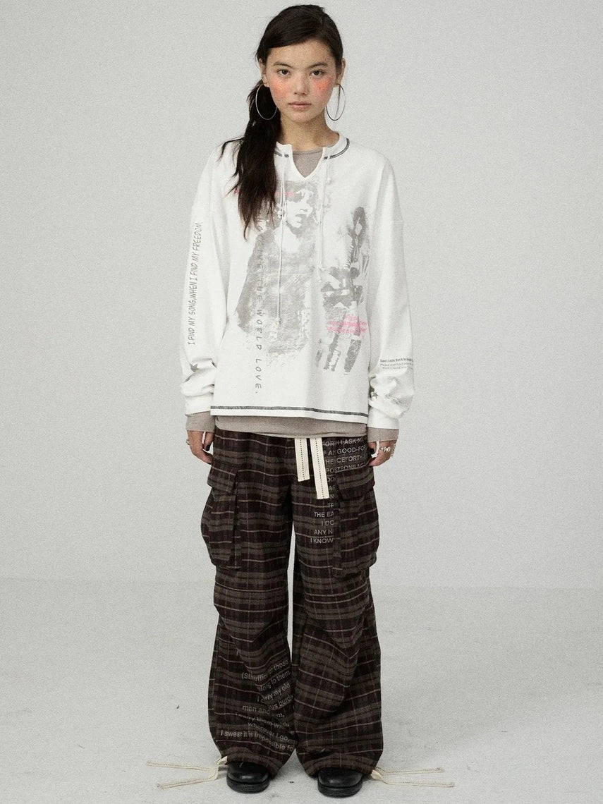 Achihara Edgy Punk Loose Fit Long Sleeve Women Crew Neck Graphic Viscose Cotton T-Shirt