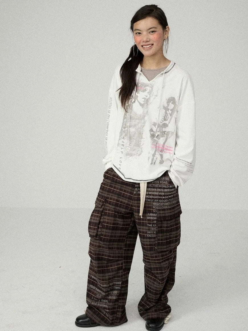 Achihara Edgy Punk Loose Fit Long Sleeve Women Crew Neck Graphic Viscose Cotton T-Shirt