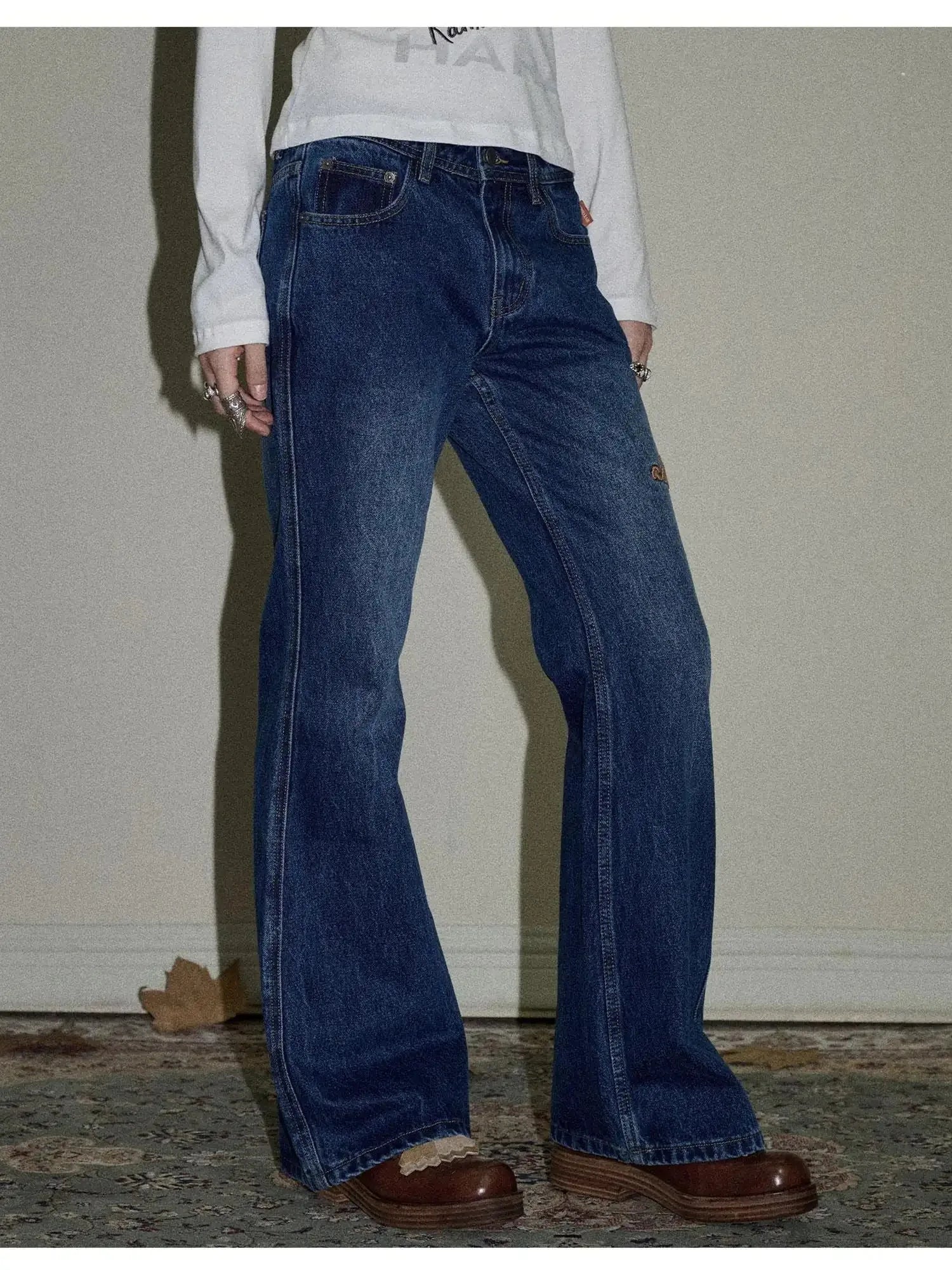 Embroidered Flared Jeans Distressed Denim Trousers