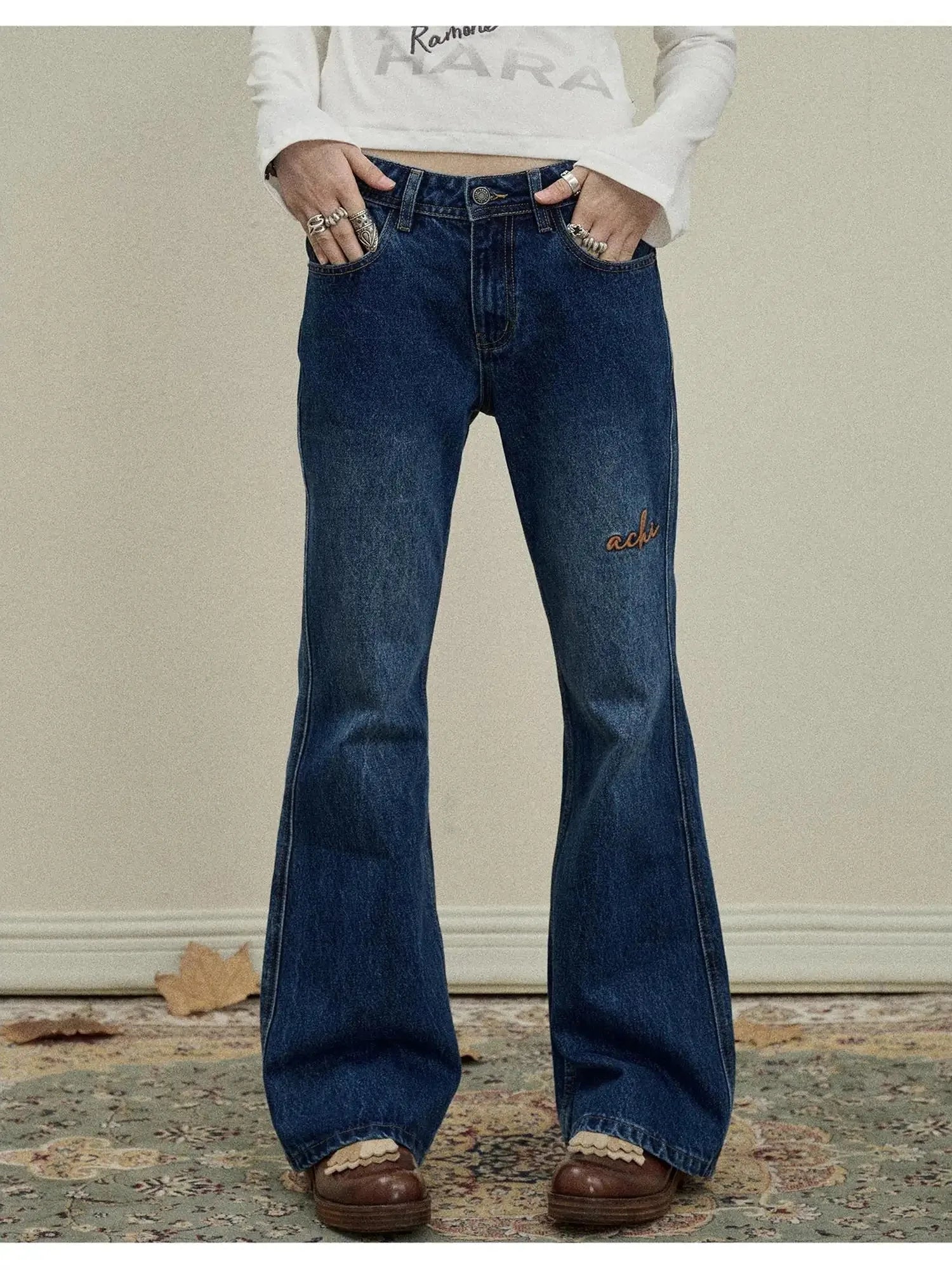 Embroidered Flared Jeans Distressed Denim Trousers