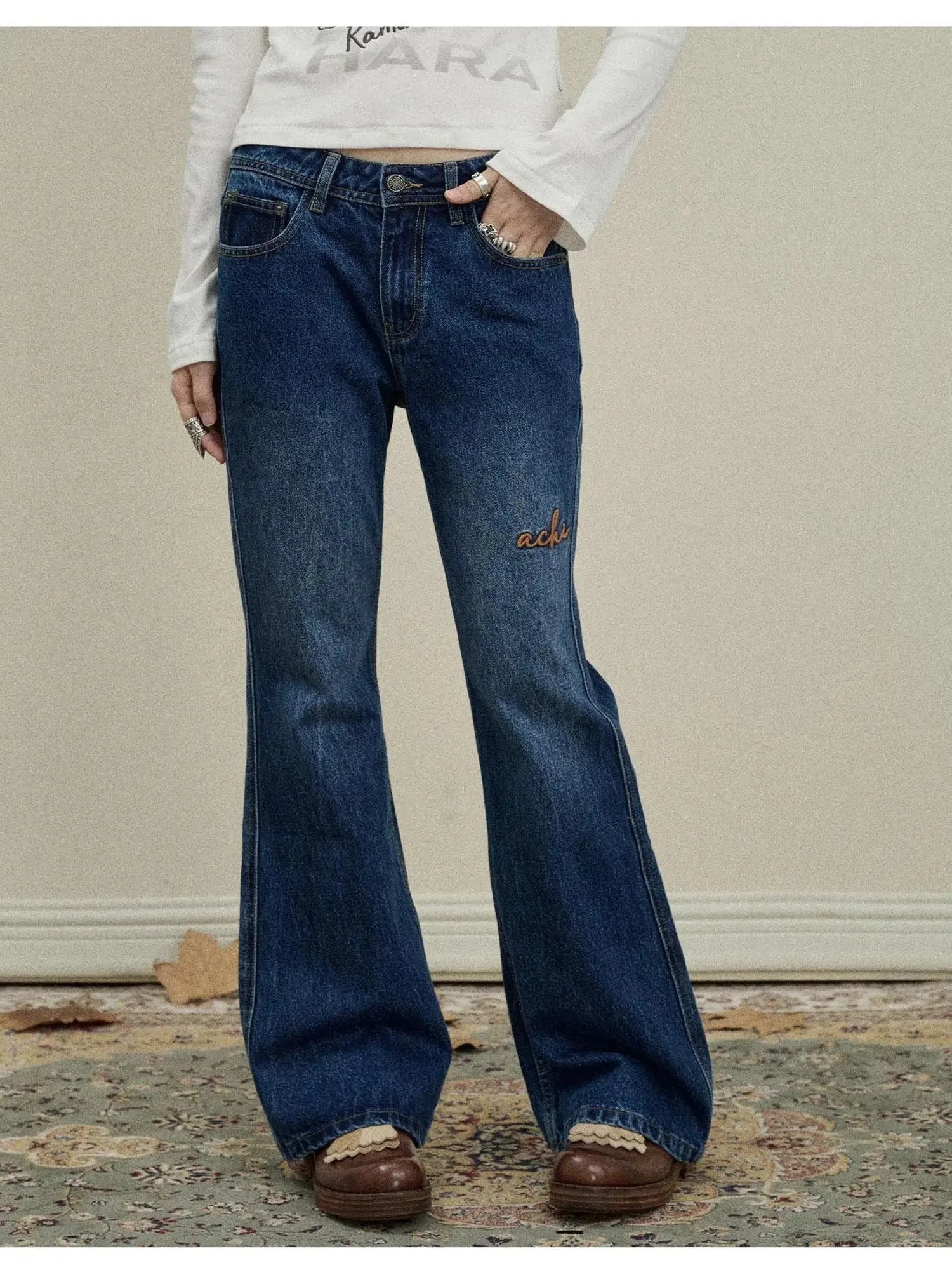 Embroidered Flared Jeans Distressed Denim Trousers