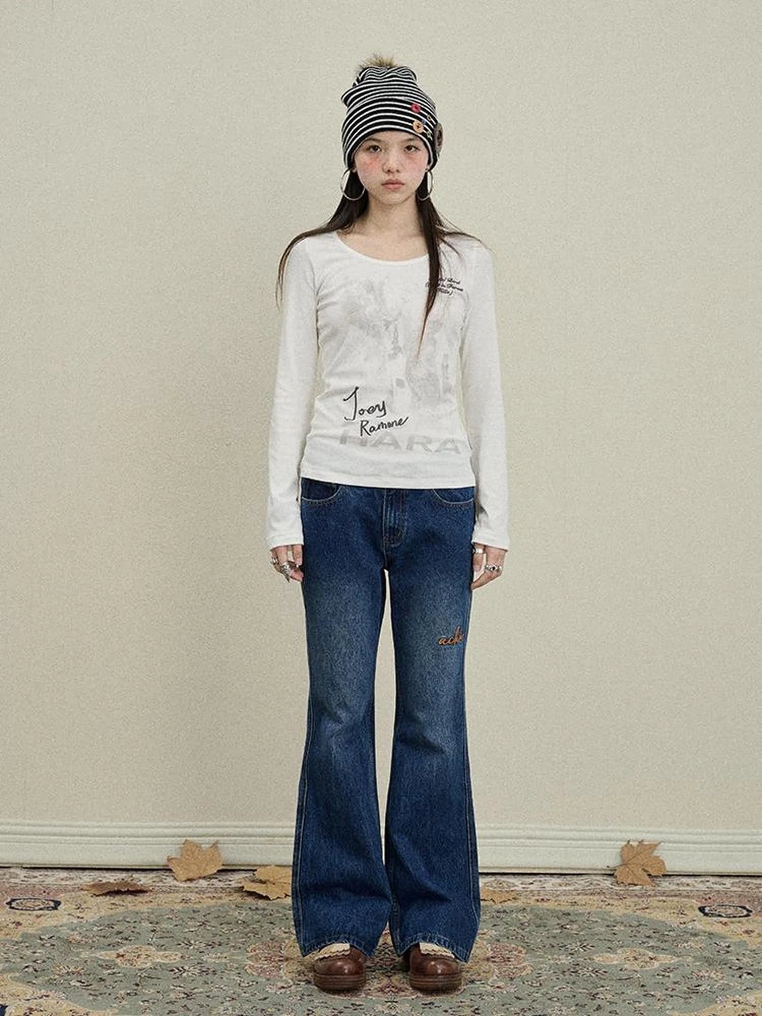 Embroidered Flared Jeans Distressed Denim Trousers