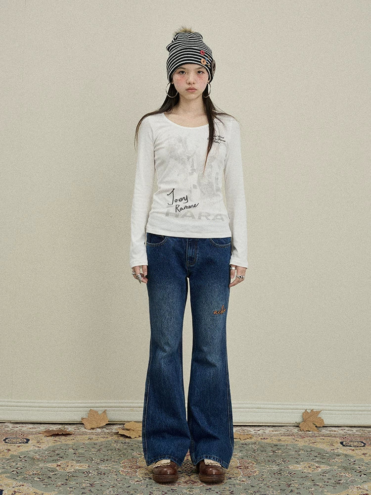 Achihara Embroidered Flared Jeans Distressed Denim Trousers-5