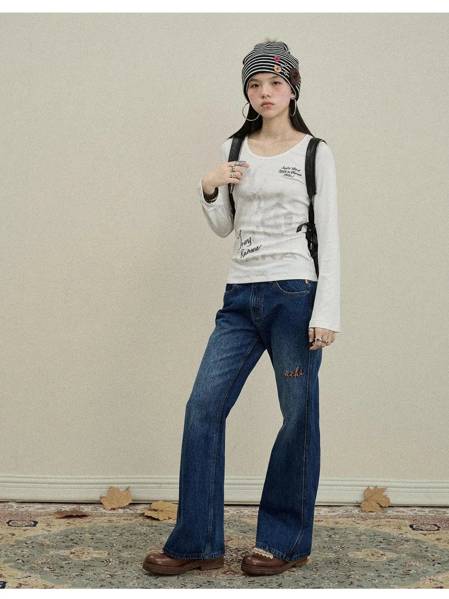 Embroidered Flared Jeans Distressed Denim Trousers