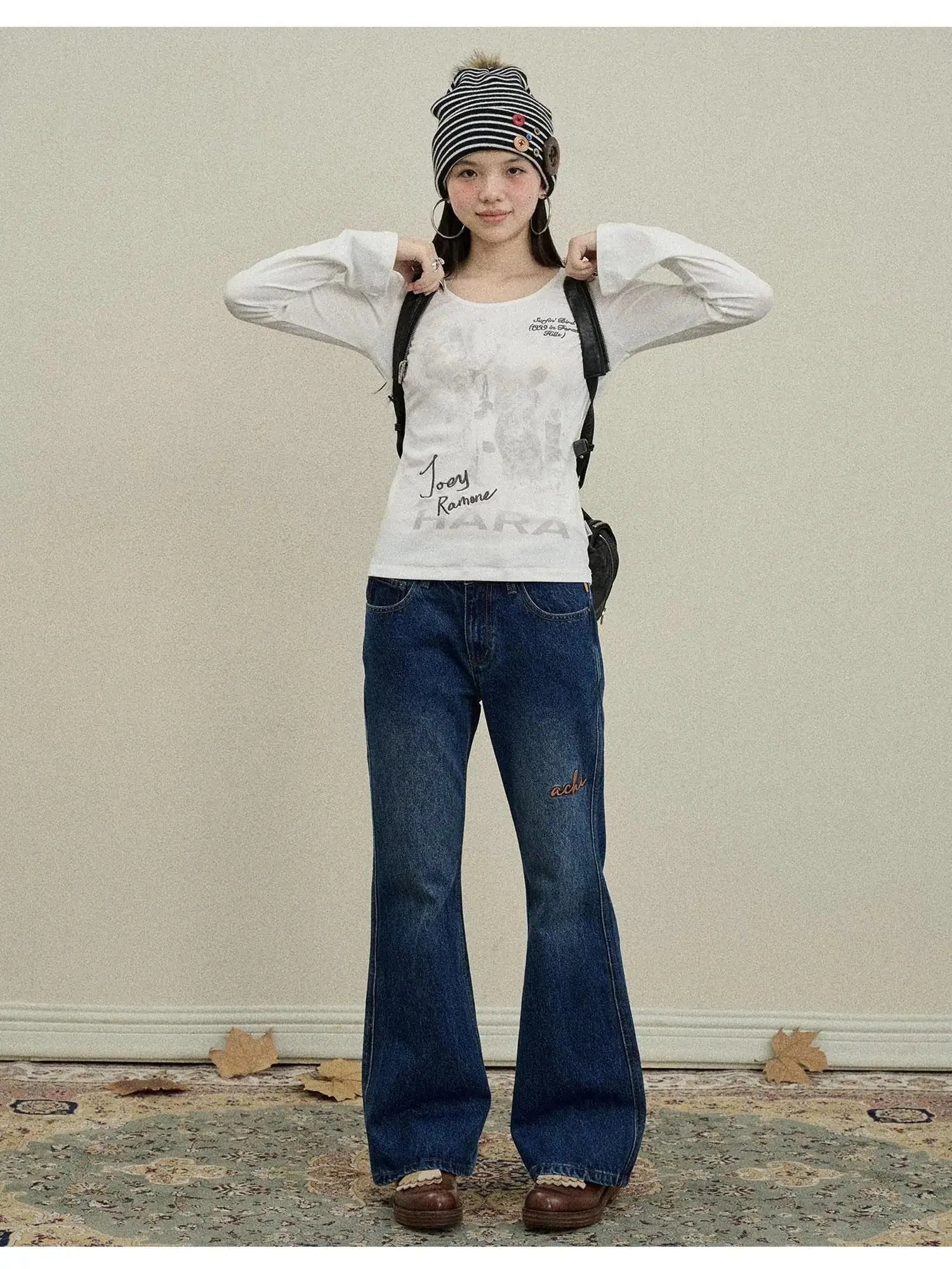 Embroidered Flared Jeans Distressed Denim Trousers