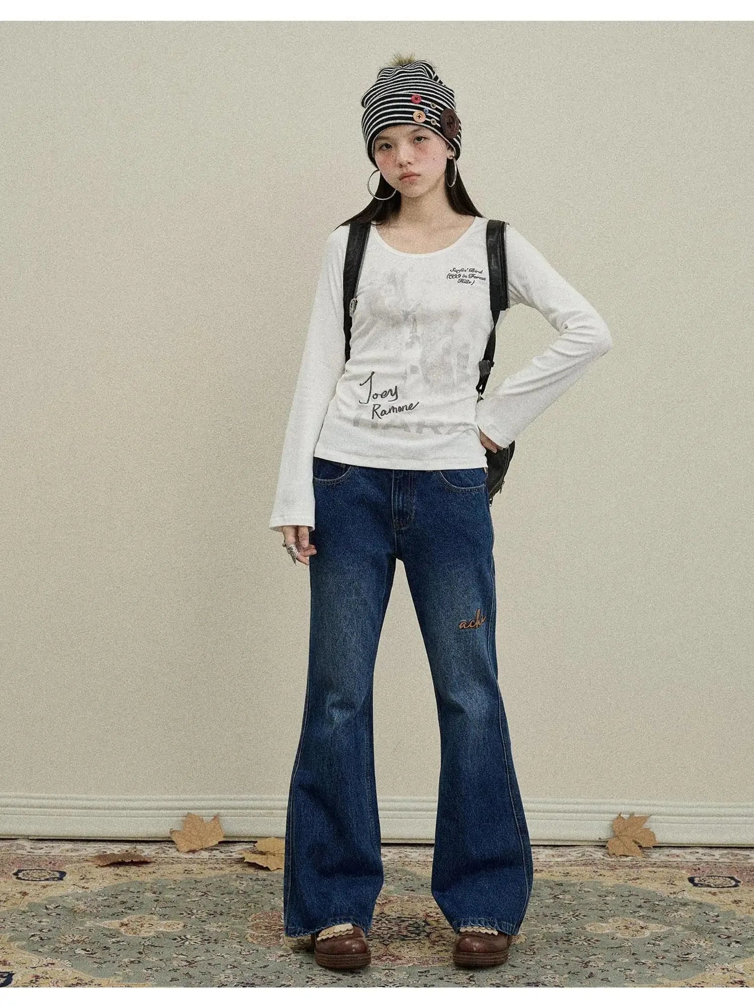 Embroidered Flared Jeans Distressed Denim Trousers