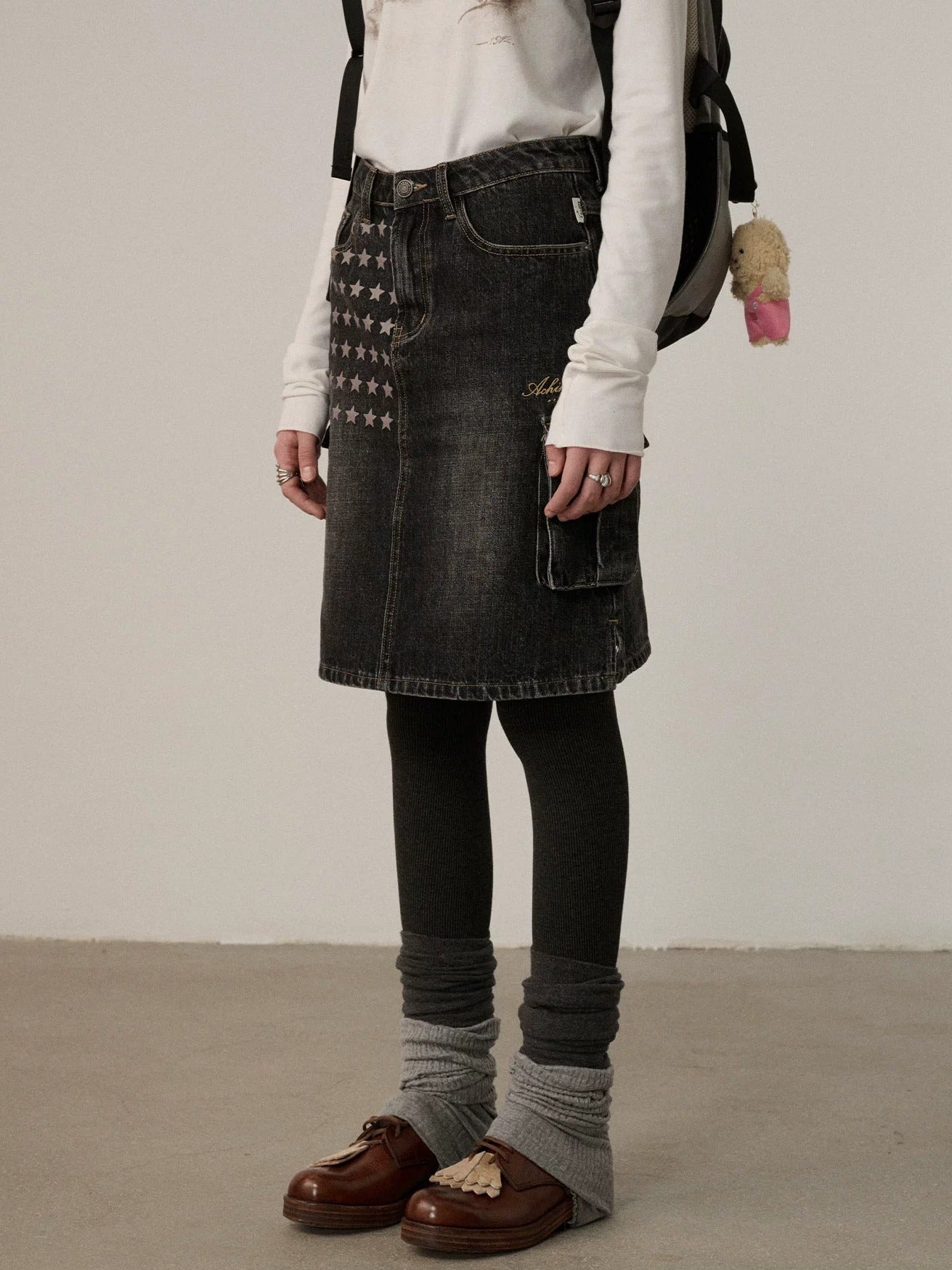 Achihara Embroidered Mid Waist A Line Washed Cotton Leather Trim Women Workwear Midi Skirt