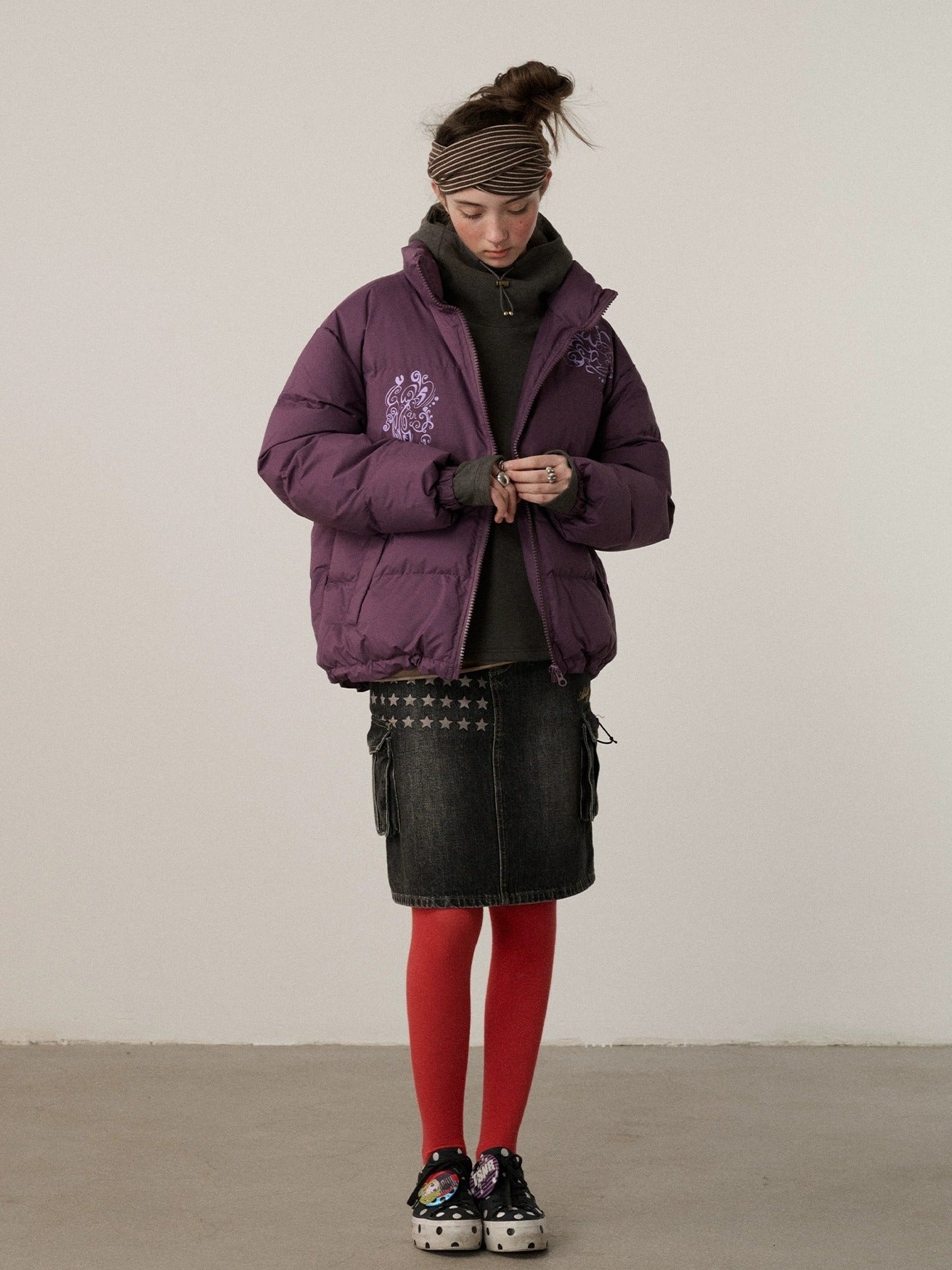 Achihara Embroidered Mid Waist A Line Washed Cotton Leather Trim Women Workwear Midi Skirt