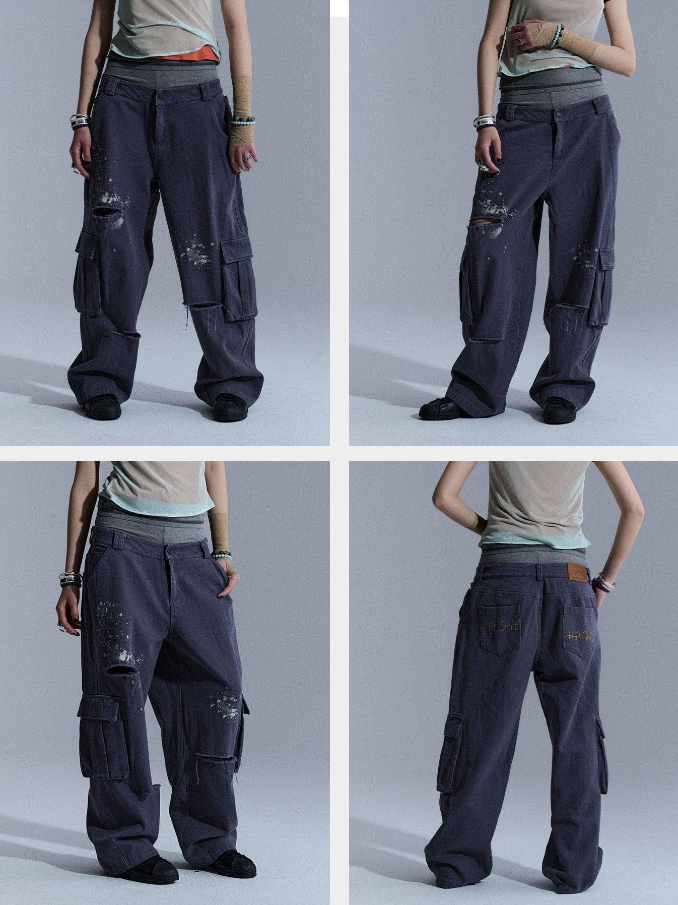 Achihara Faded Distressed Ripped Washed Utility Cargo Women&