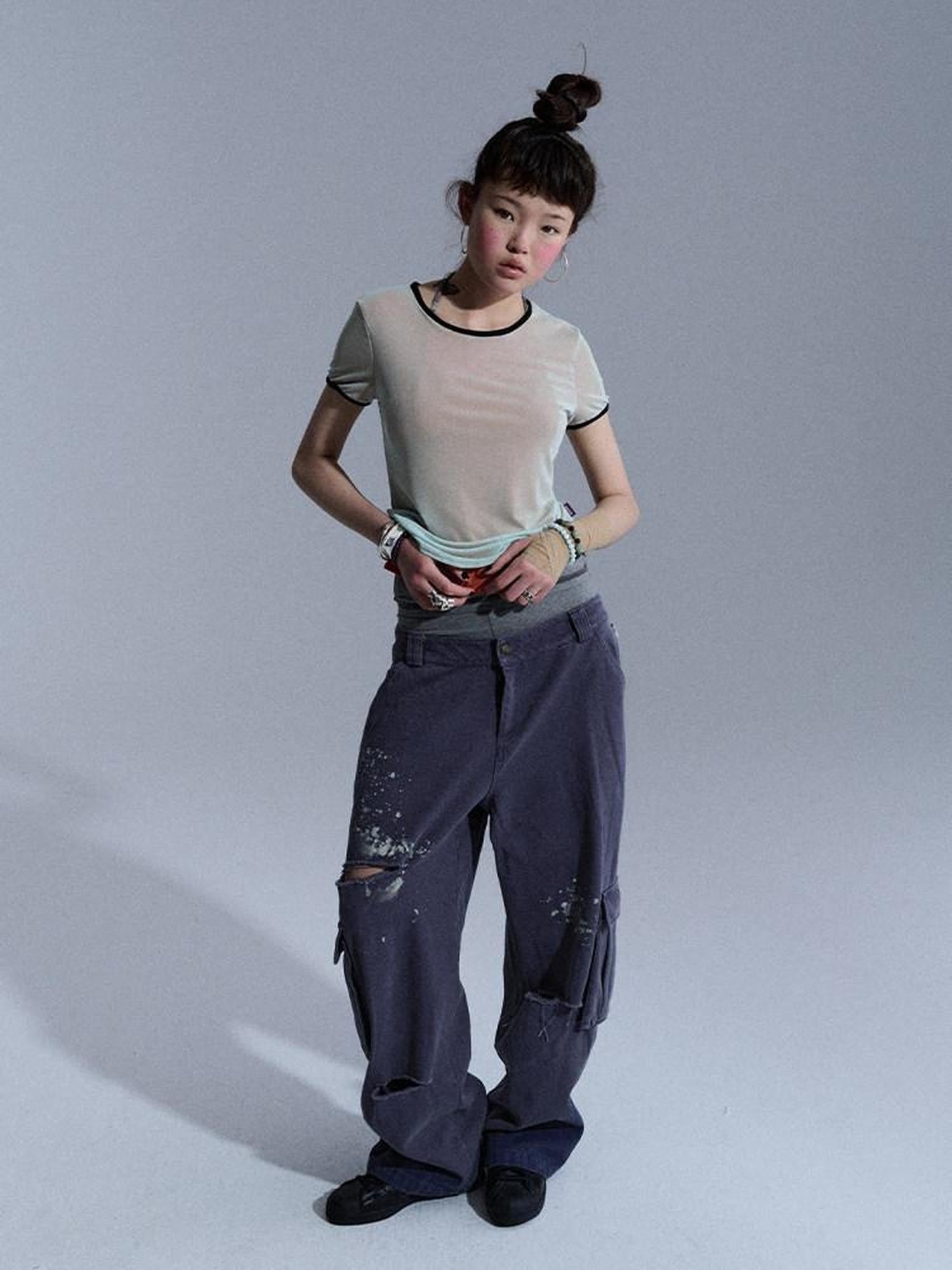 Achihara Faded Distressed Ripped Washed Utility Cargo Women&
