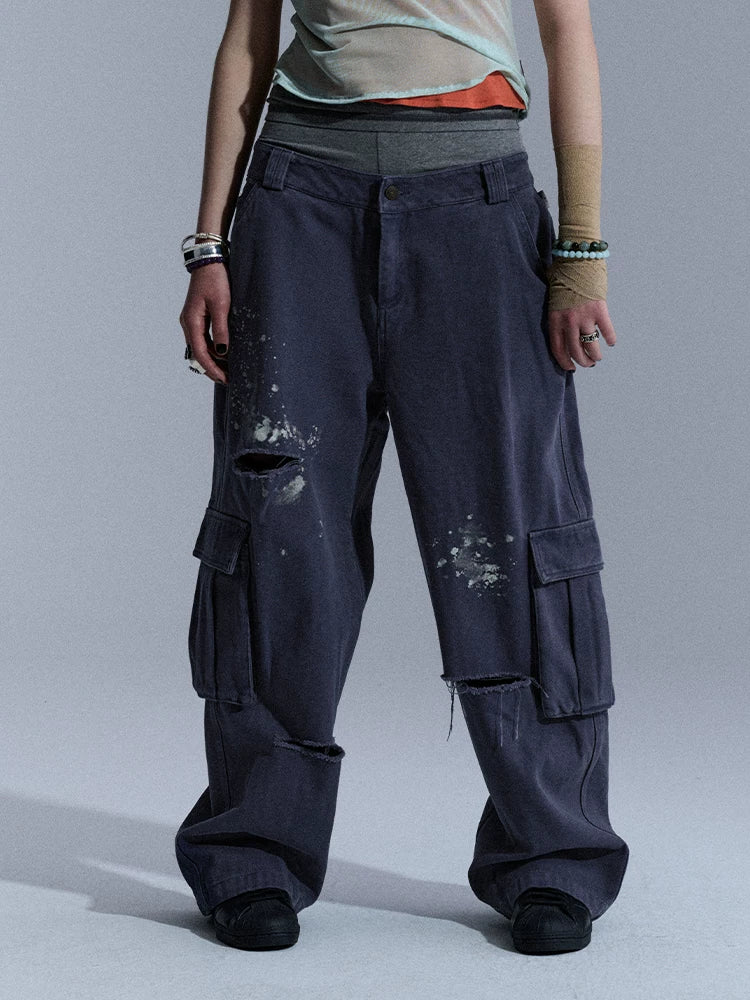 Achihara Faded Distressed Ripped Washed Utility Cargo Women&