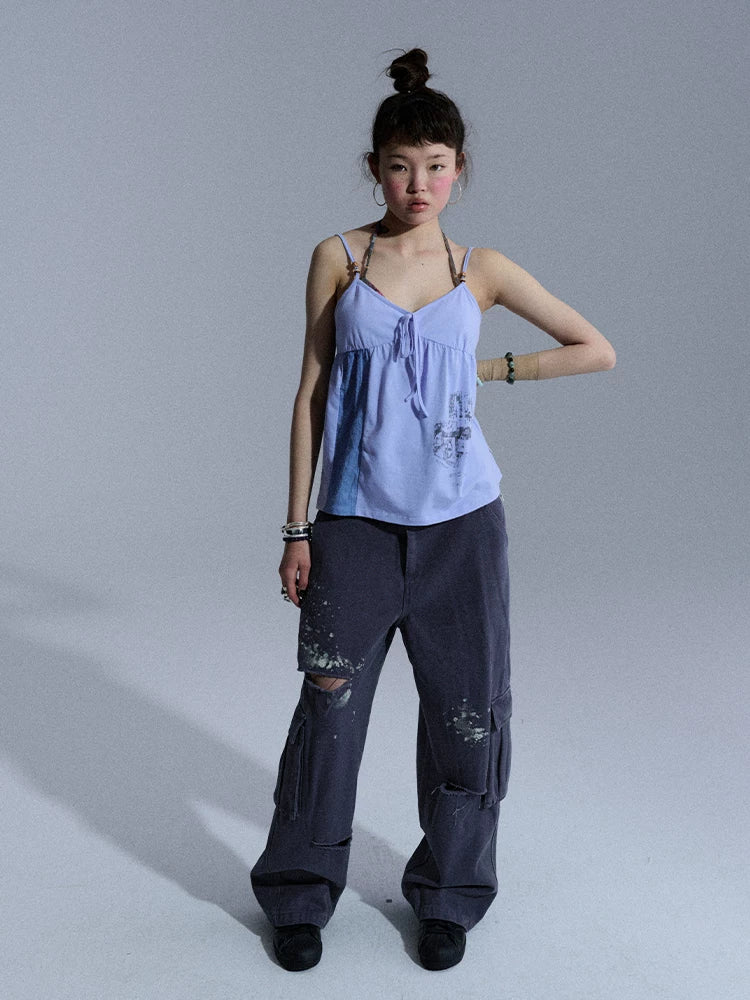 Achihara Faded Distressed Ripped Washed Utility Cargo Women&