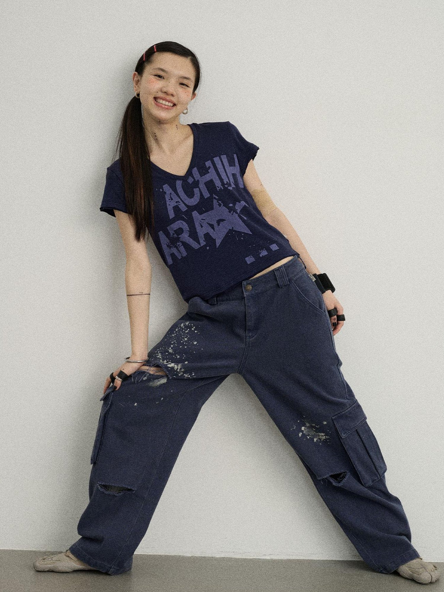 Achihara Faded Ink Canvas Cargo Pants