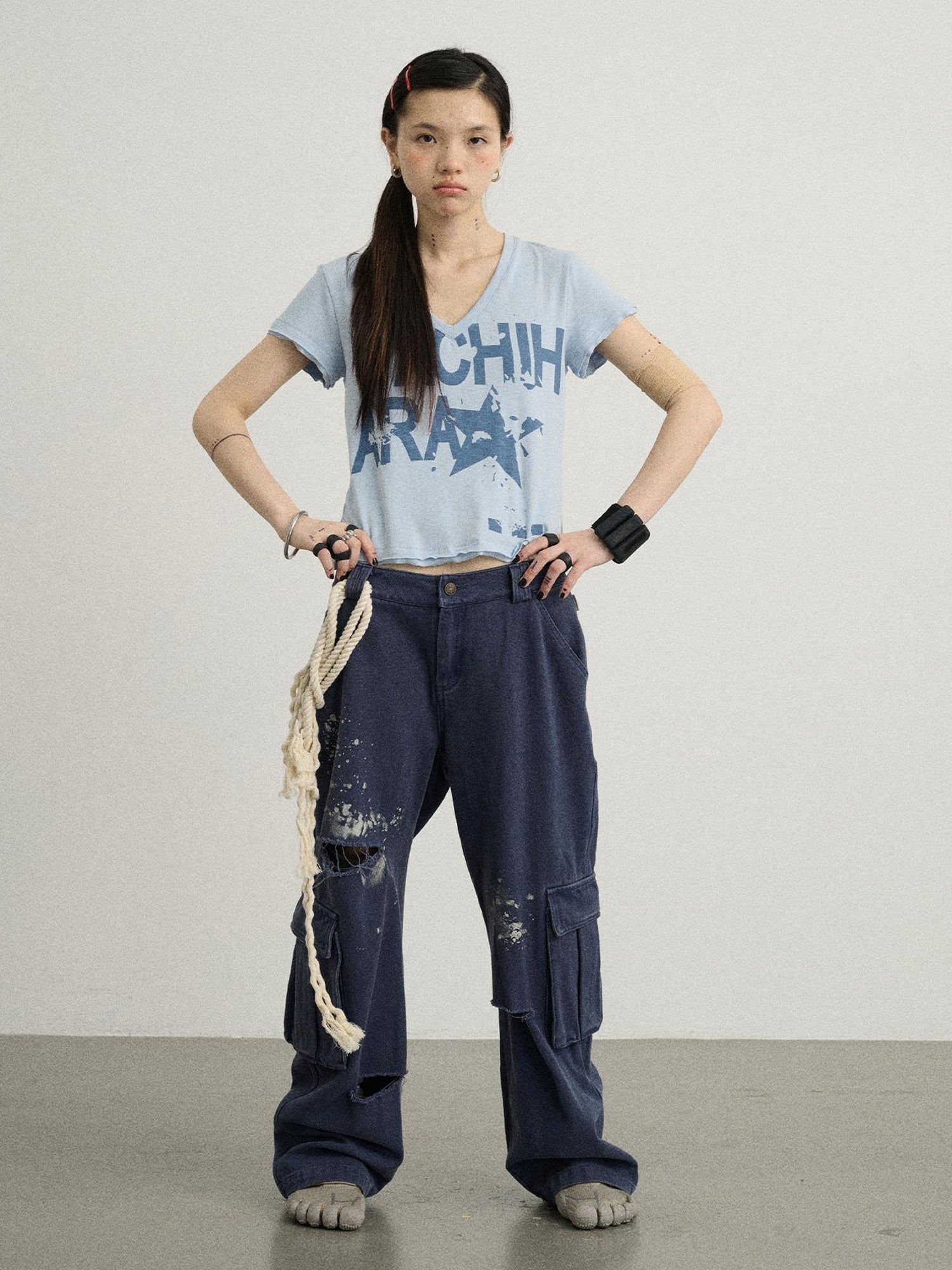 Achihara Faded Ink Canvas Cargo Pants