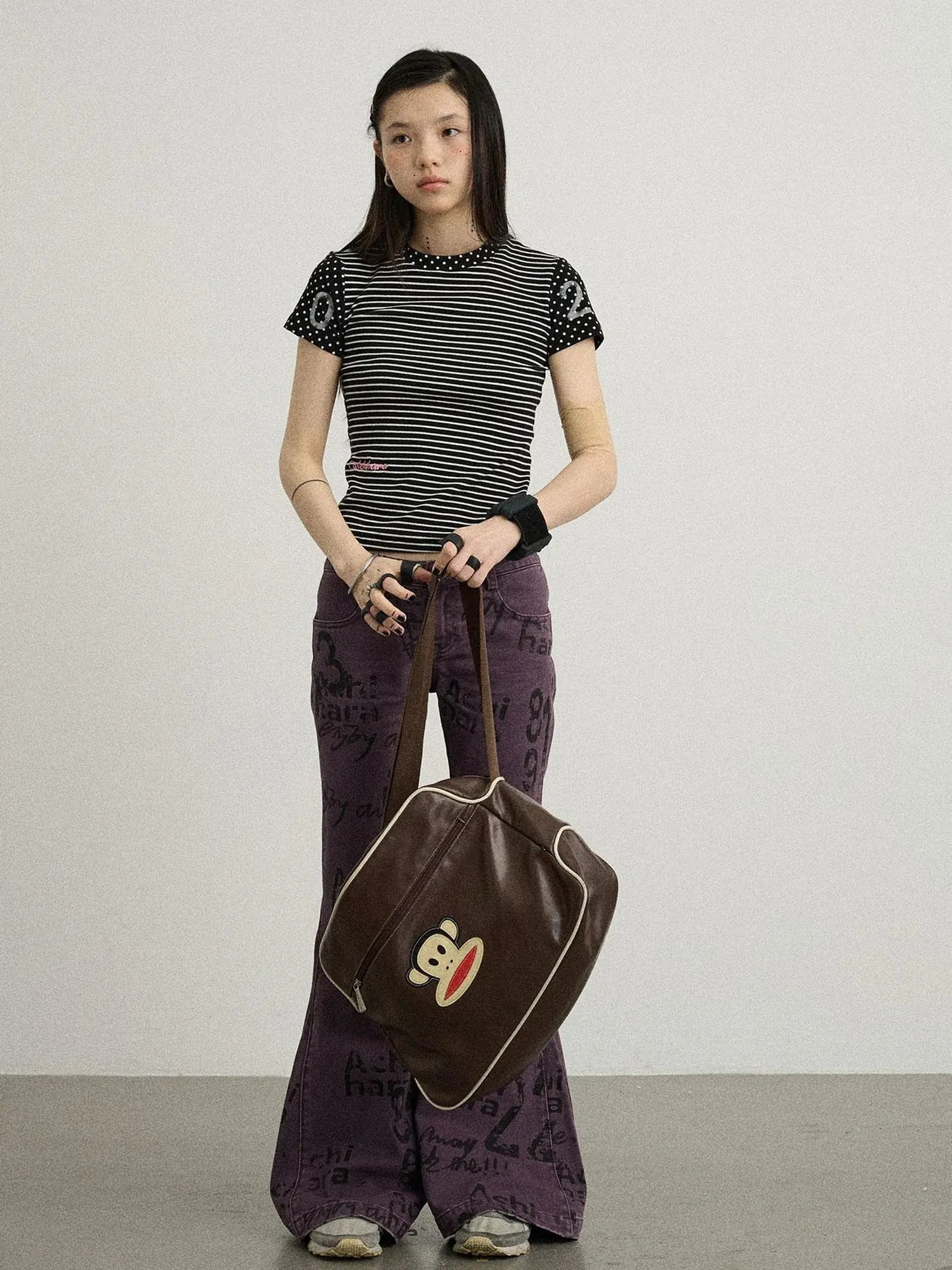 Fault Stripe Dot Print Tee Retro Vintage Style Cotton Blend