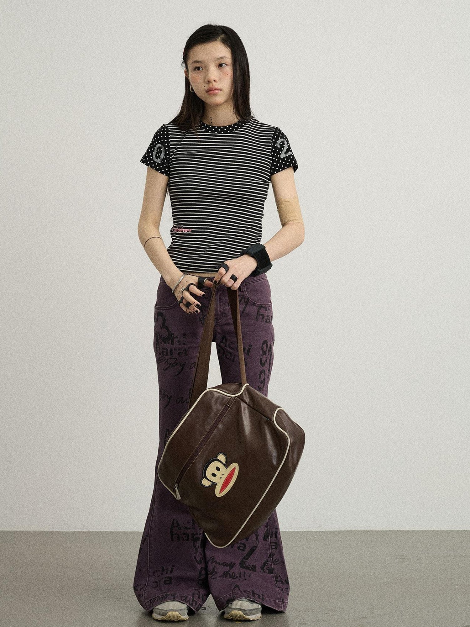 Achihara Fault Stripe Dot Print Tee Retro Vintage Style Cotton Blend