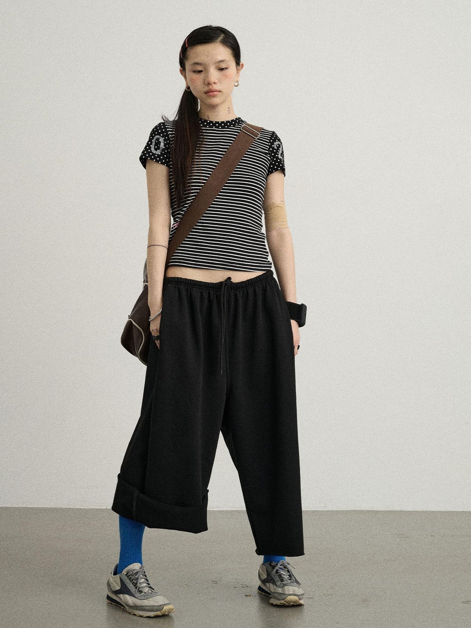Achihara Fault Stripe Dot Print Tee Retro Vintage Style Cotton Blend
