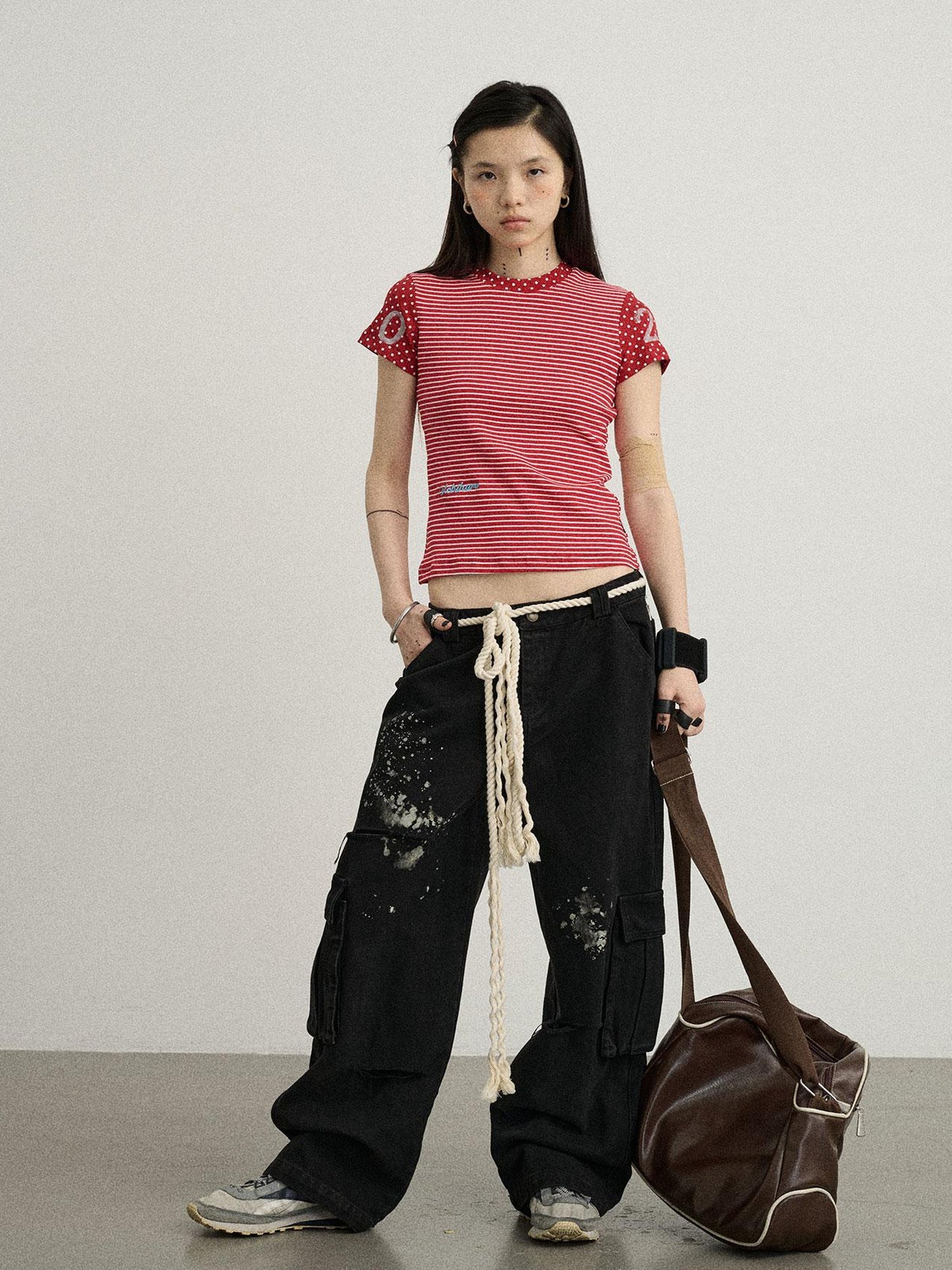 Achihara Fault Stripe Dot Print Tee Retro Vintage Style Cotton Blend