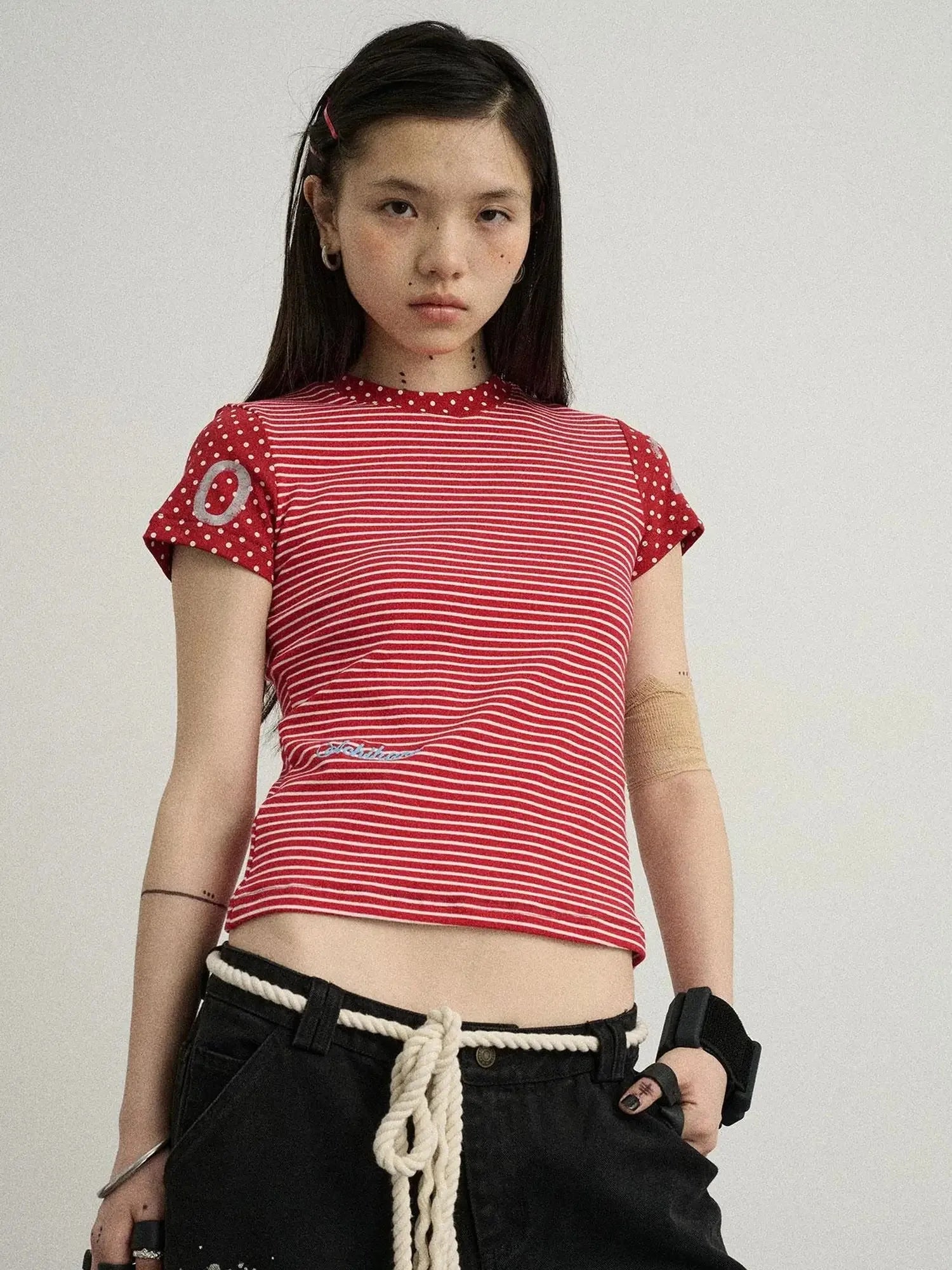 Fault Stripe Dot Print Tee Retro Vintage Style Cotton Blend