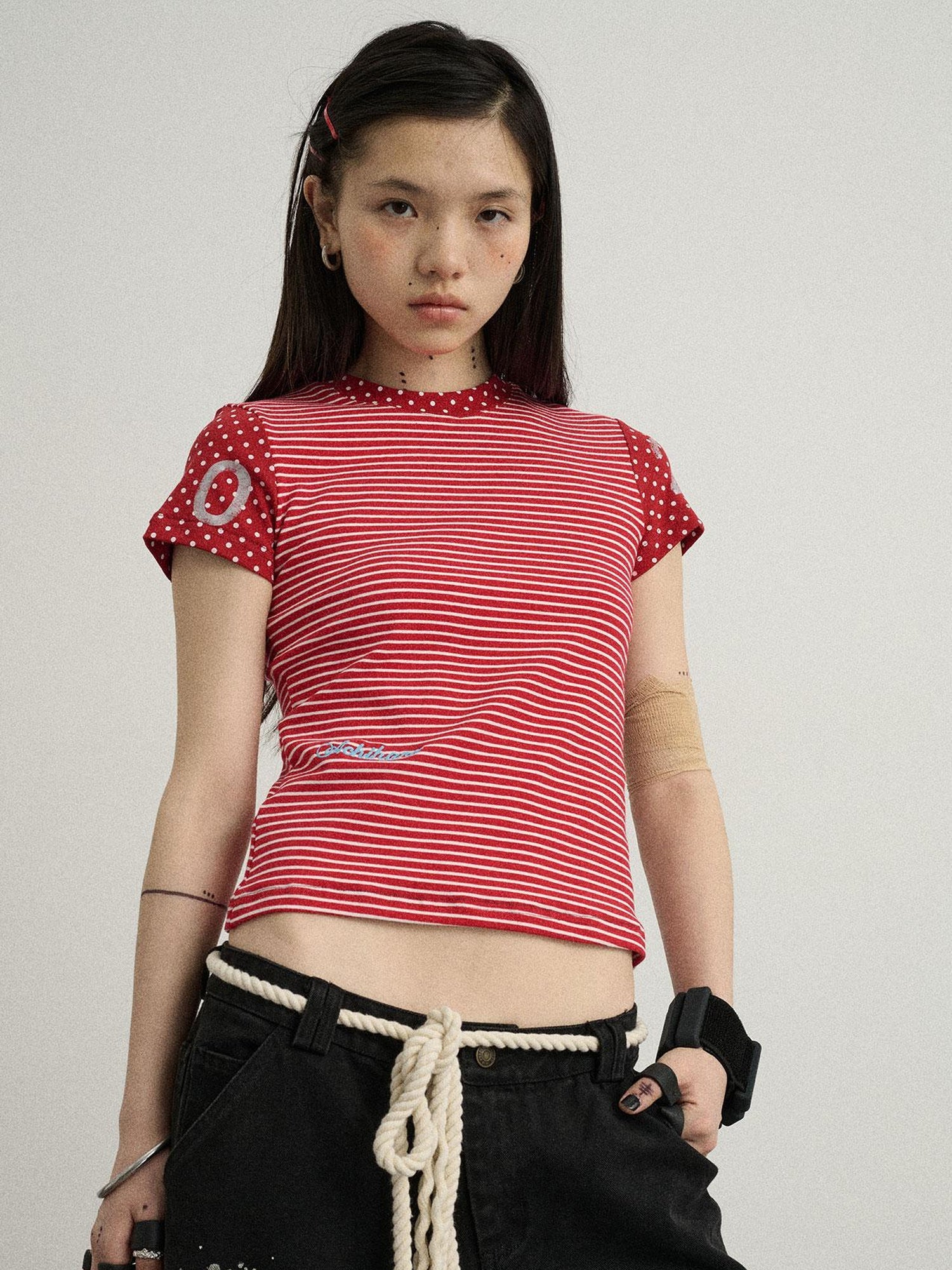 Achihara Fault Stripe Dot Print Tee Retro Vintage Style Cotton Blend