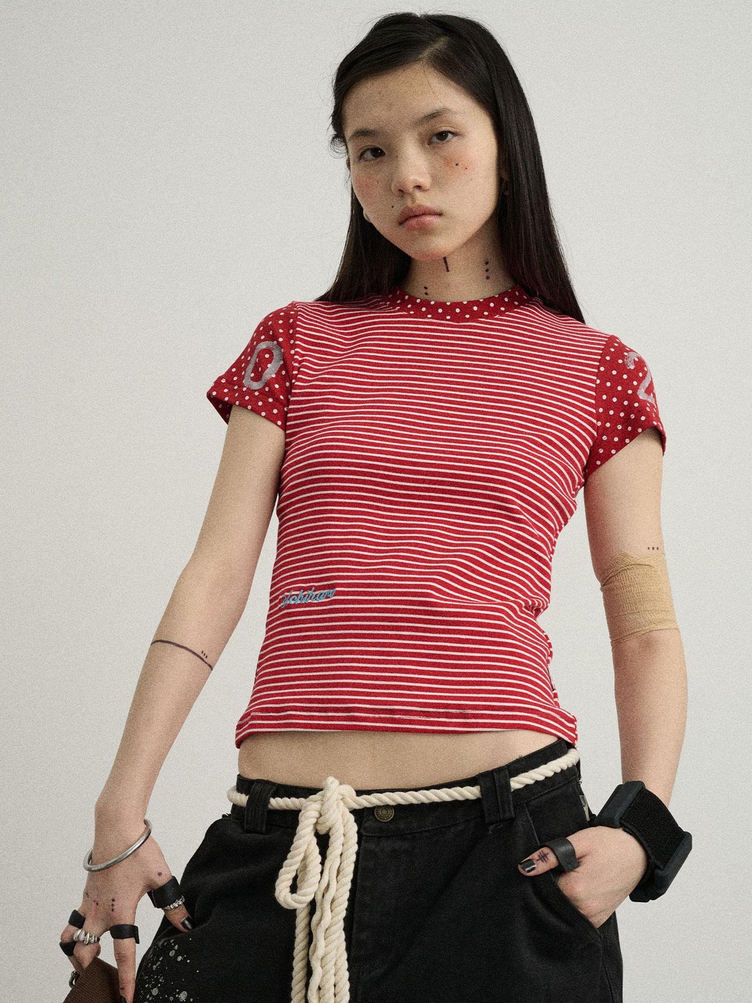 Achihara Fault Stripe Dot Print Tee Retro Vintage Style Cotton Blend