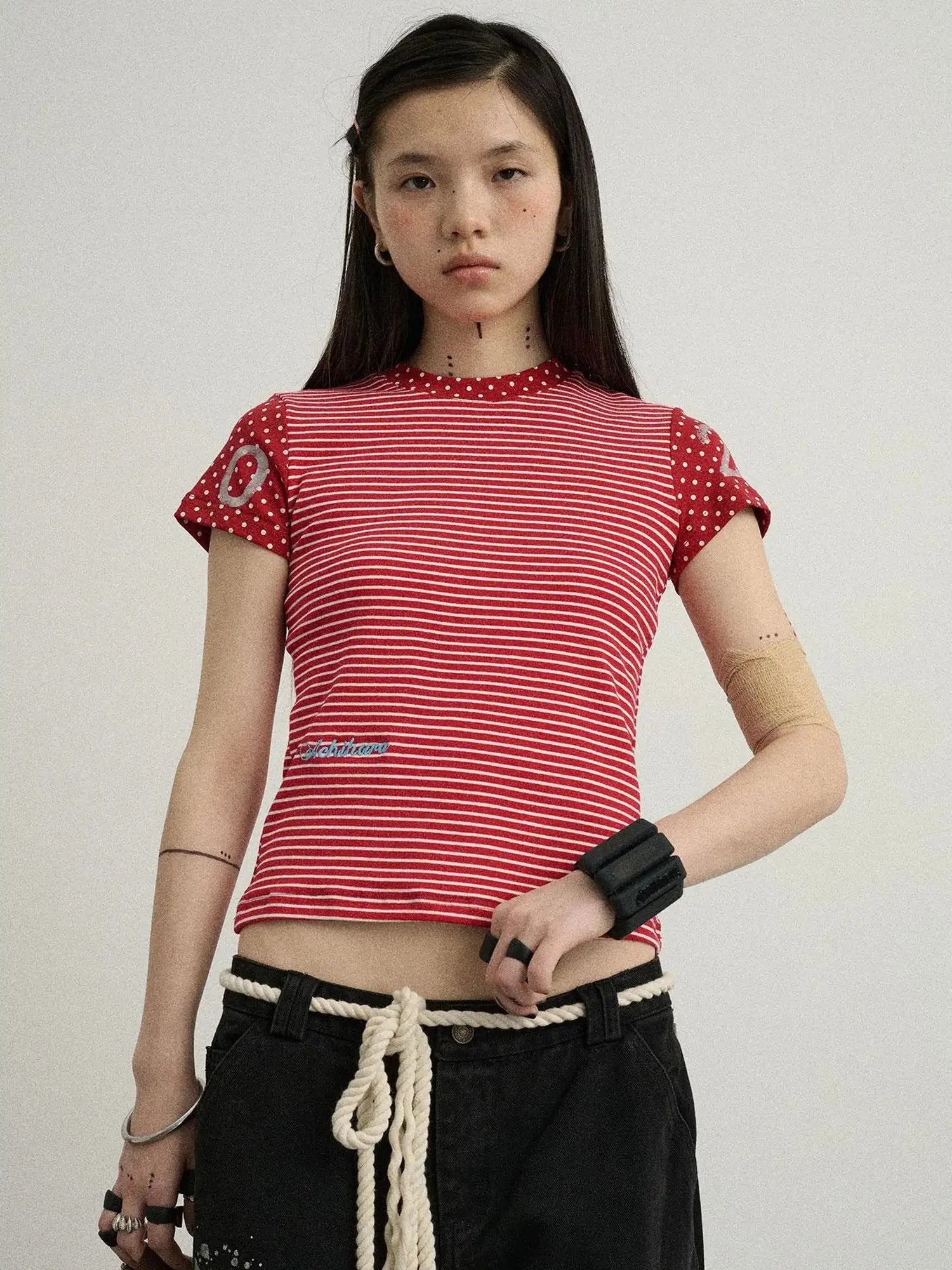 Fault Stripe Dot Print Tee Retro Vintage Style Cotton Blend