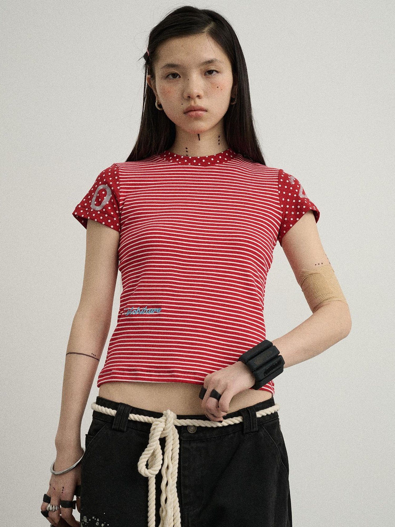Achihara Fault Stripe Dot Print Tee Retro Vintage Style Cotton Blend