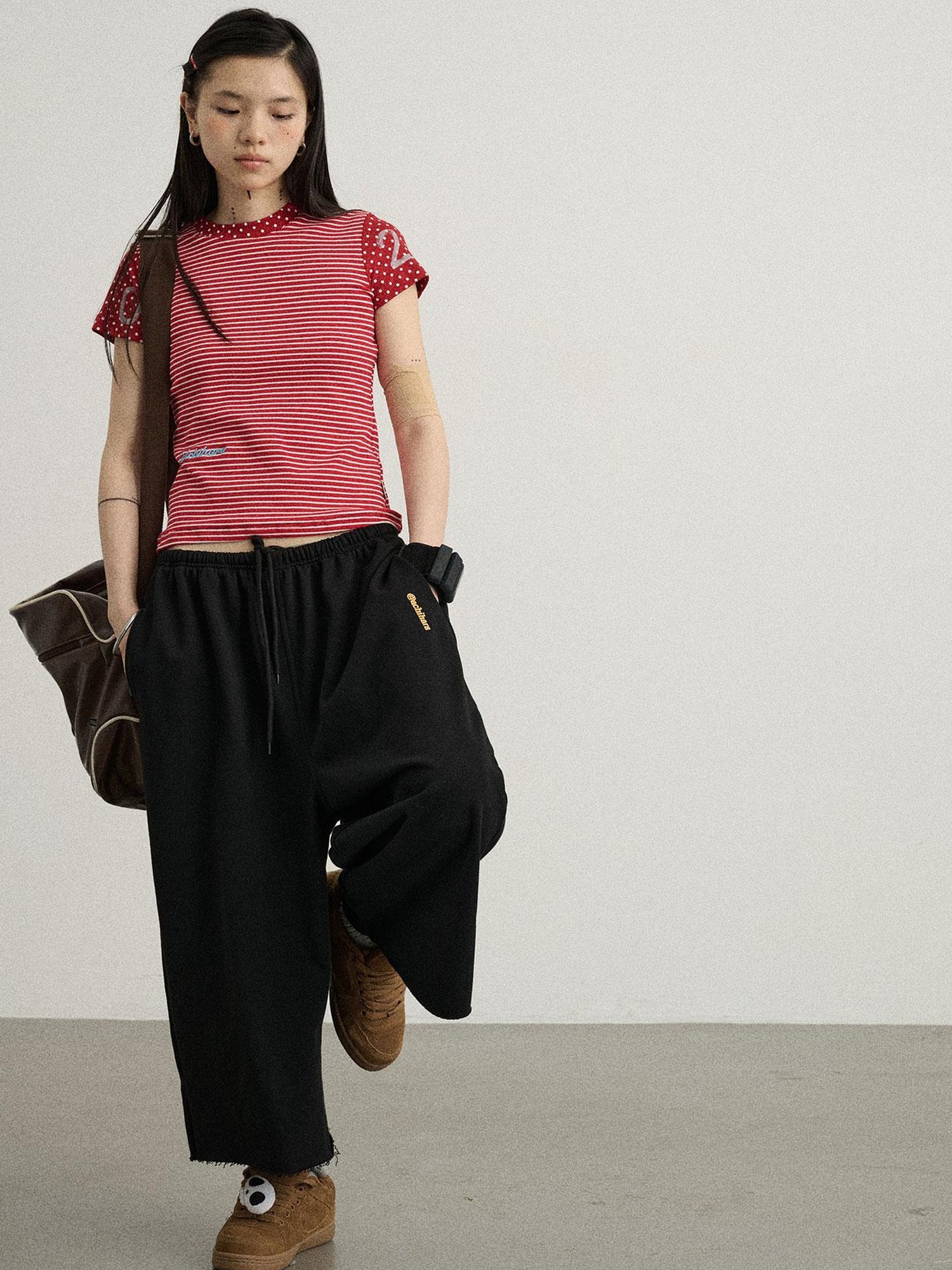 Achihara Fault Stripe Dot Print Tee Retro Vintage Style Cotton Blend