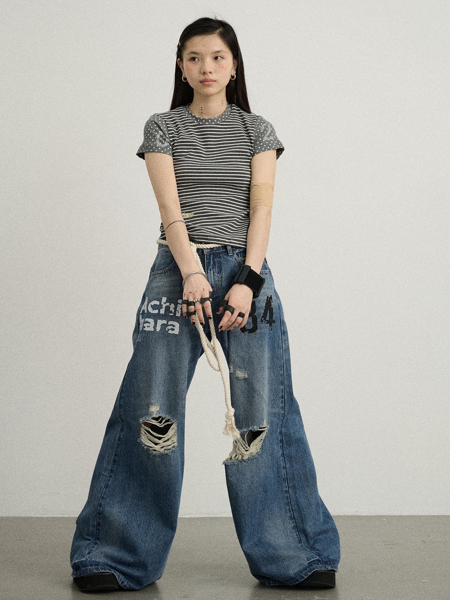 Achihara Fault Stripe Dot Print Tee Retro Vintage Style Cotton Blend