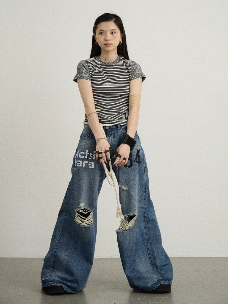 Achihara Fault Stripe Dot Print Tee Retro Vintage Style Cotton Blend-3