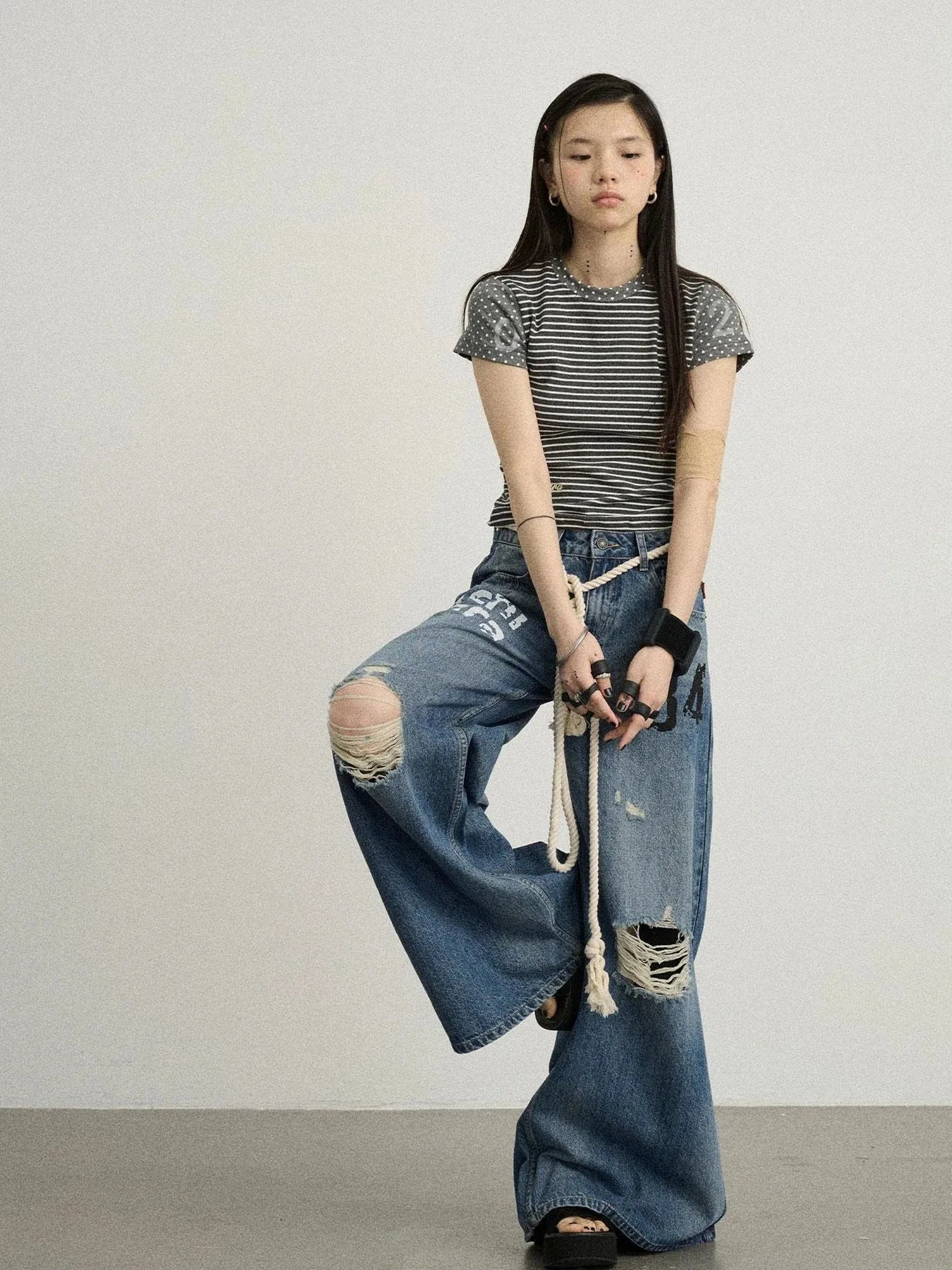 Fault Stripe Dot Print Tee Retro Vintage Style Cotton Blend