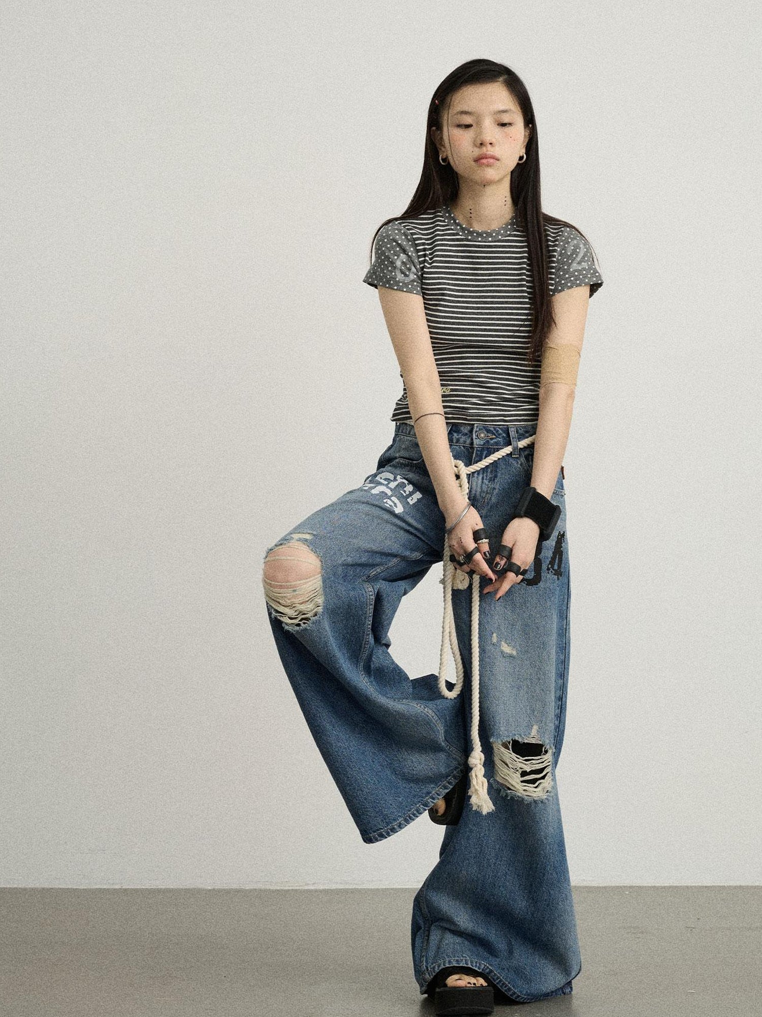 Achihara Fault Stripe Dot Print Tee Retro Vintage Style Cotton Blend