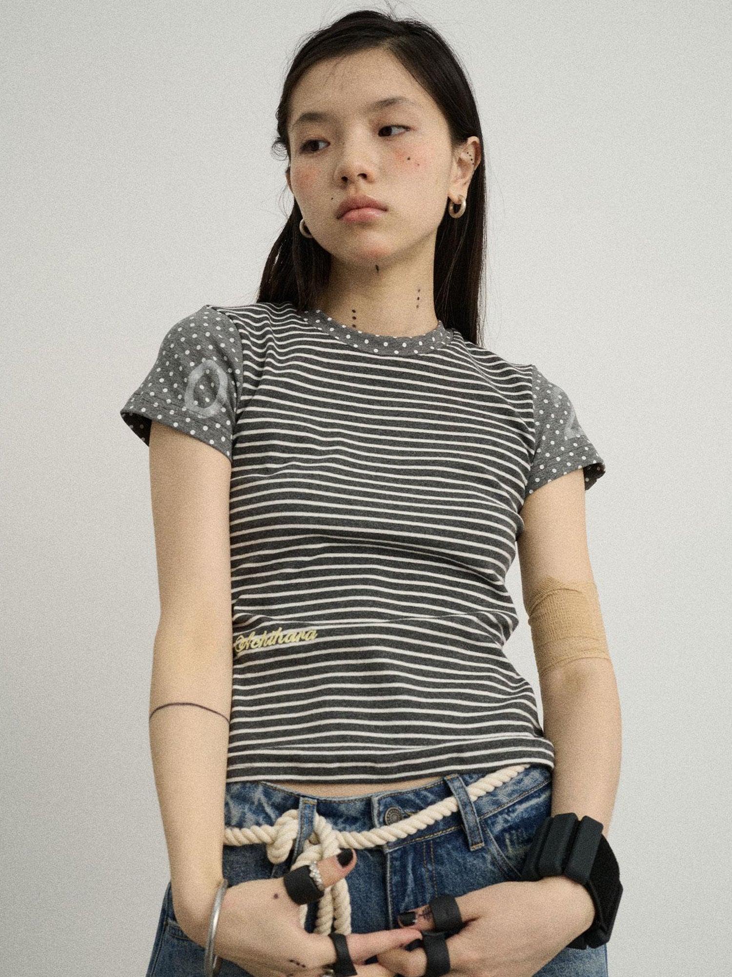 Achihara Fault Stripe Dot Print Tee Retro Vintage Style Cotton Blend