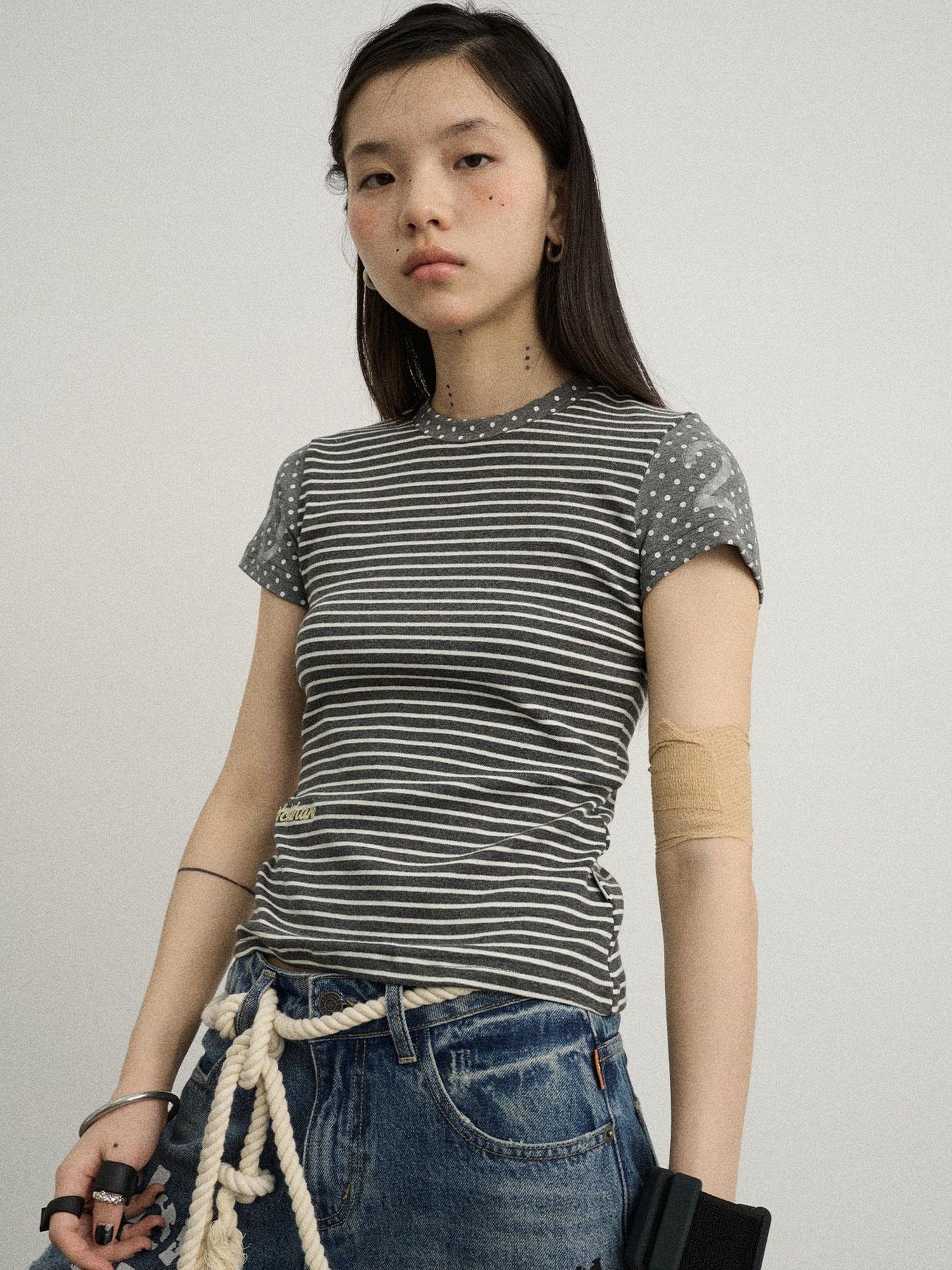 Achihara Fault Stripe Dot Print Tee Retro Vintage Style Cotton Blend