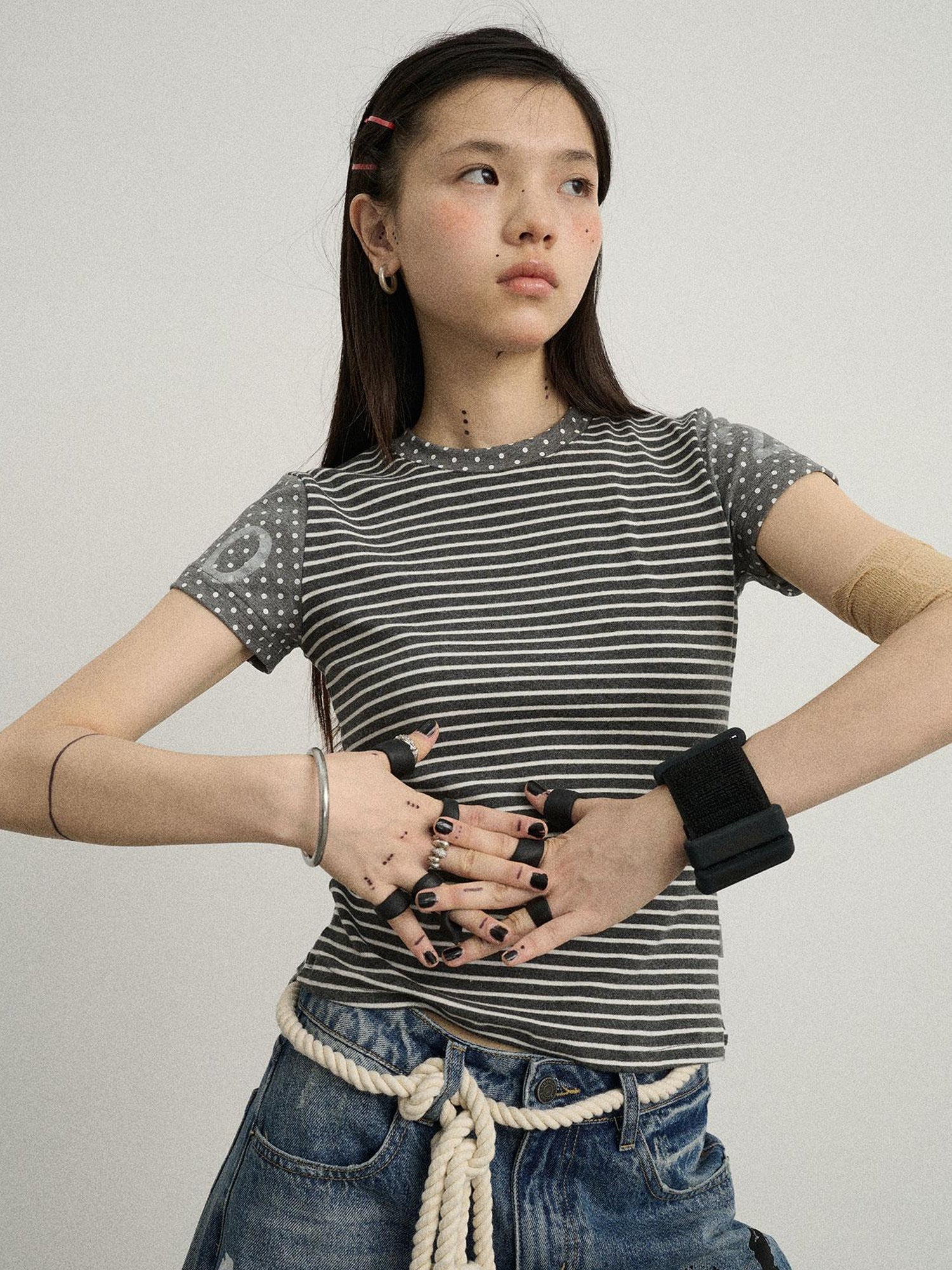 Achihara Fault Stripe Dot Print Tee Retro Vintage Style Cotton Blend