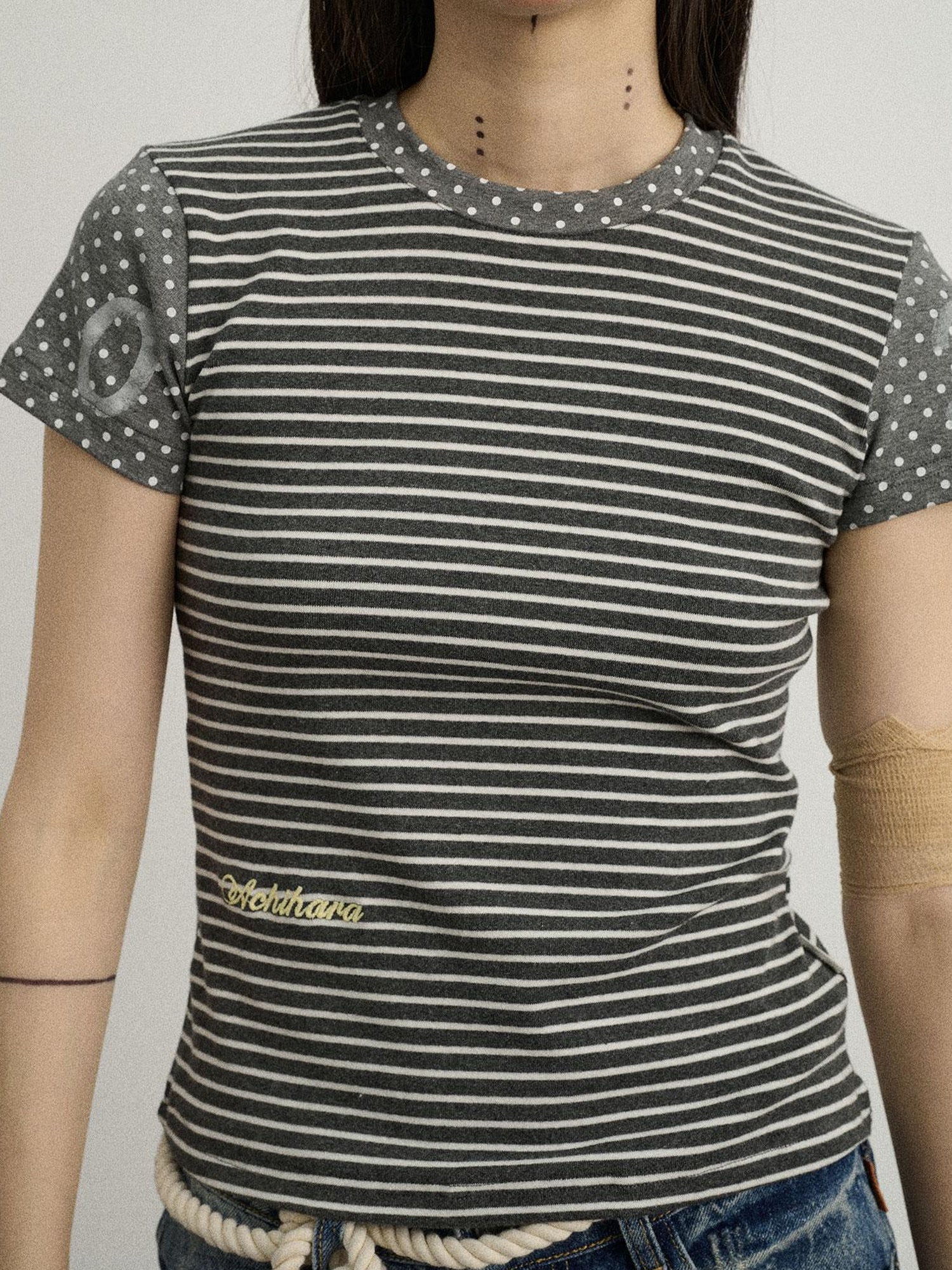 Achihara Fault Stripe Dot Print Tee Retro Vintage Style Cotton Blend