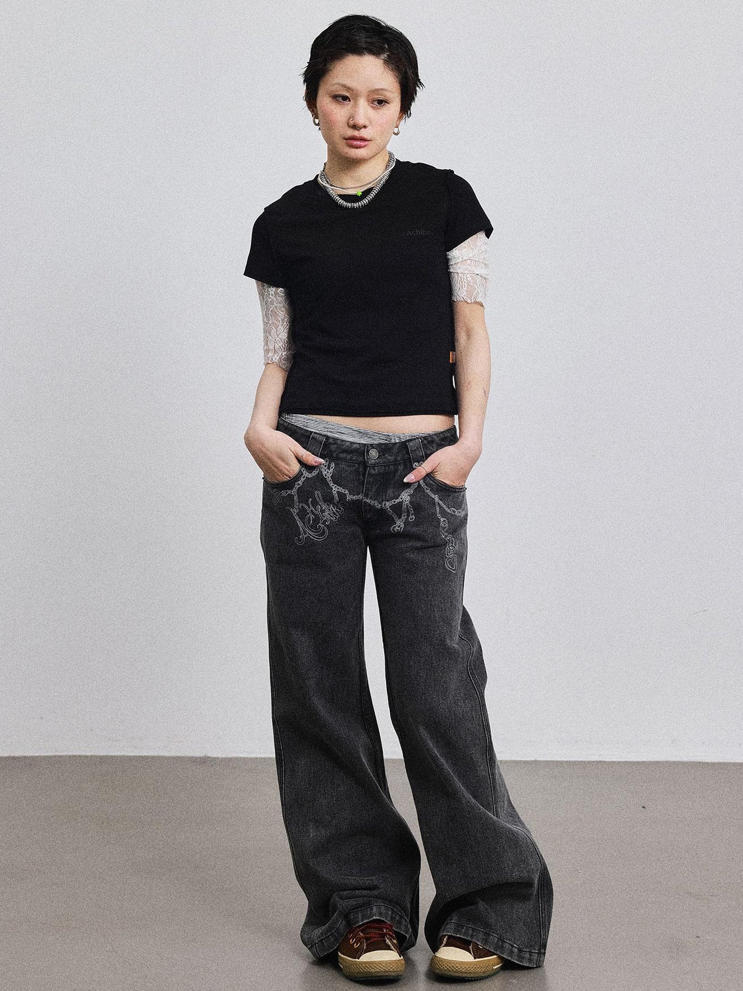 Achihara Fiona Cropped Tee Shameless Inspired Summer Top V-Neck T-Shirt Long-Sleeve