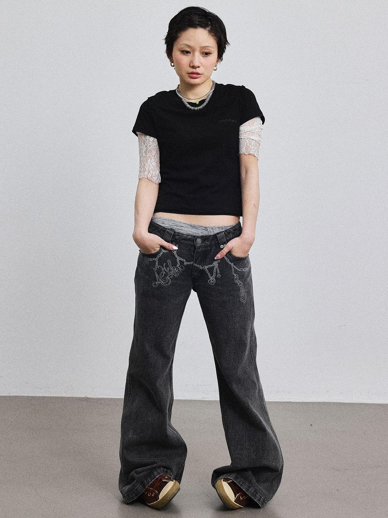 Achihara Fiona Cropped Tee Shameless Inspired Summer Top V-Neck T-Shirt Long-Sleeve