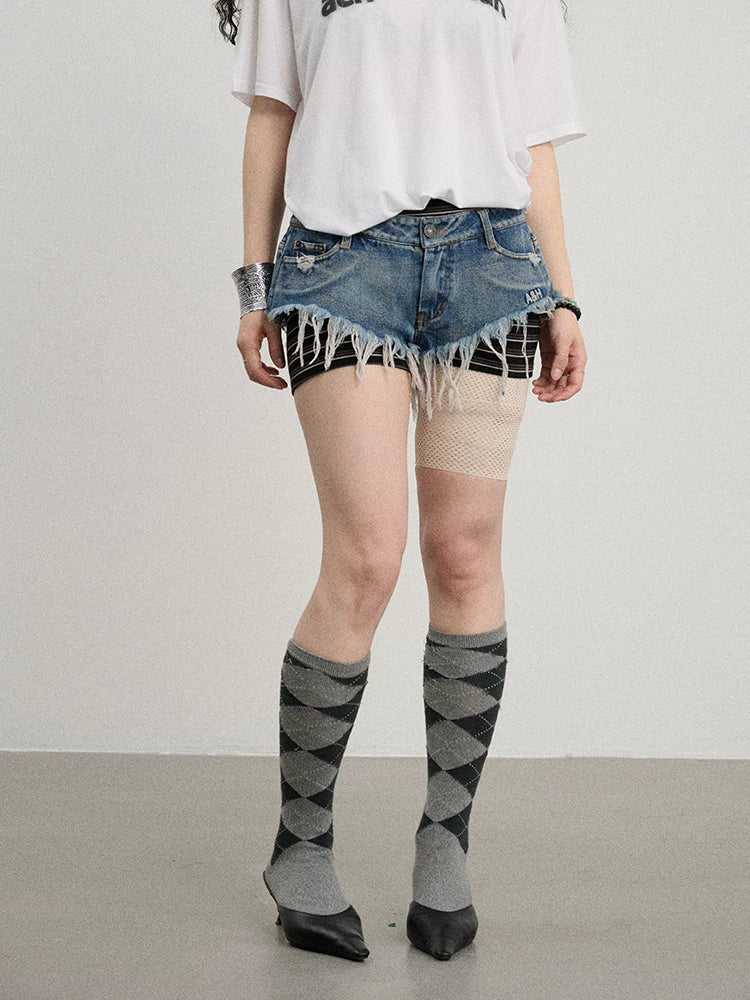 Achihara Frayed Edge Denim Shorts 2025 Summer Low Rise Triangle Casual-3