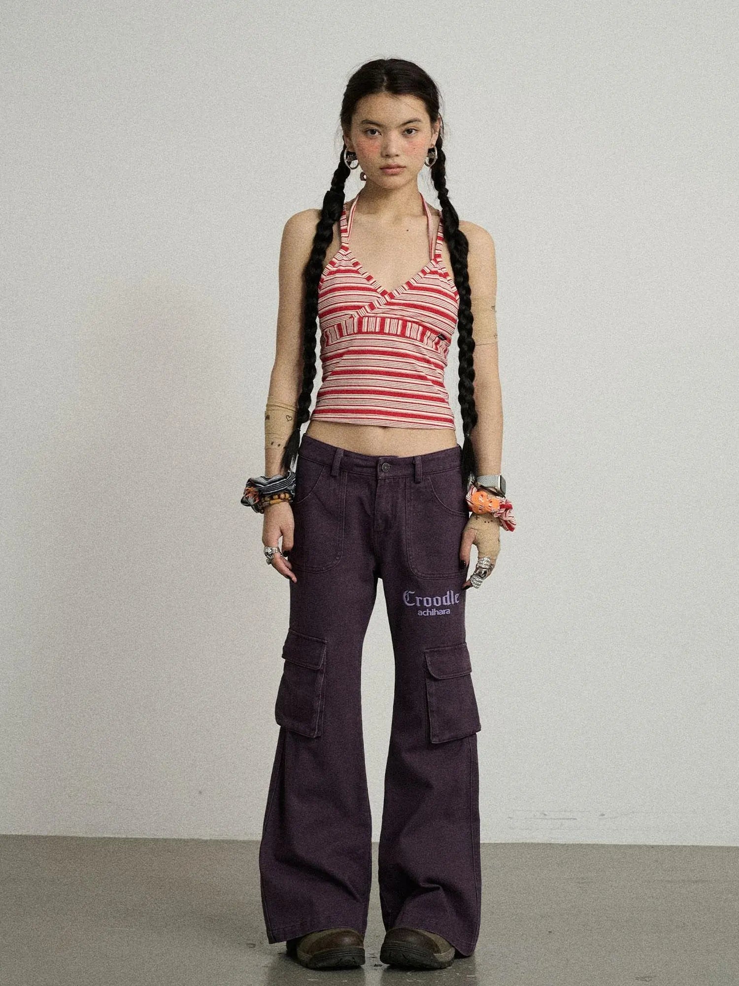 Gothic Pigeon Low Rise Flare Cargo Pants