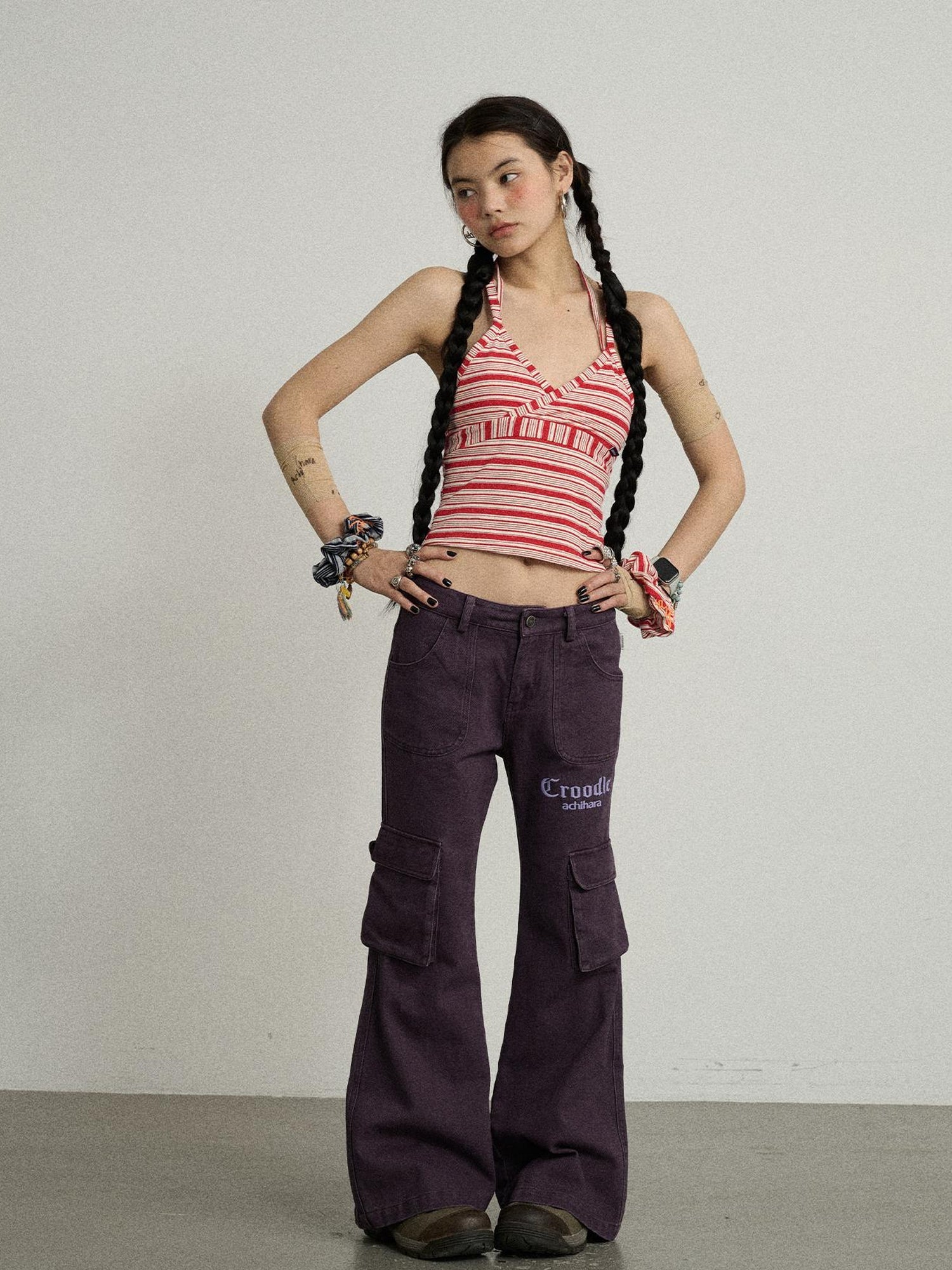 Achihara Gothic Pigeon Low Rise Flare Cargo Pants
