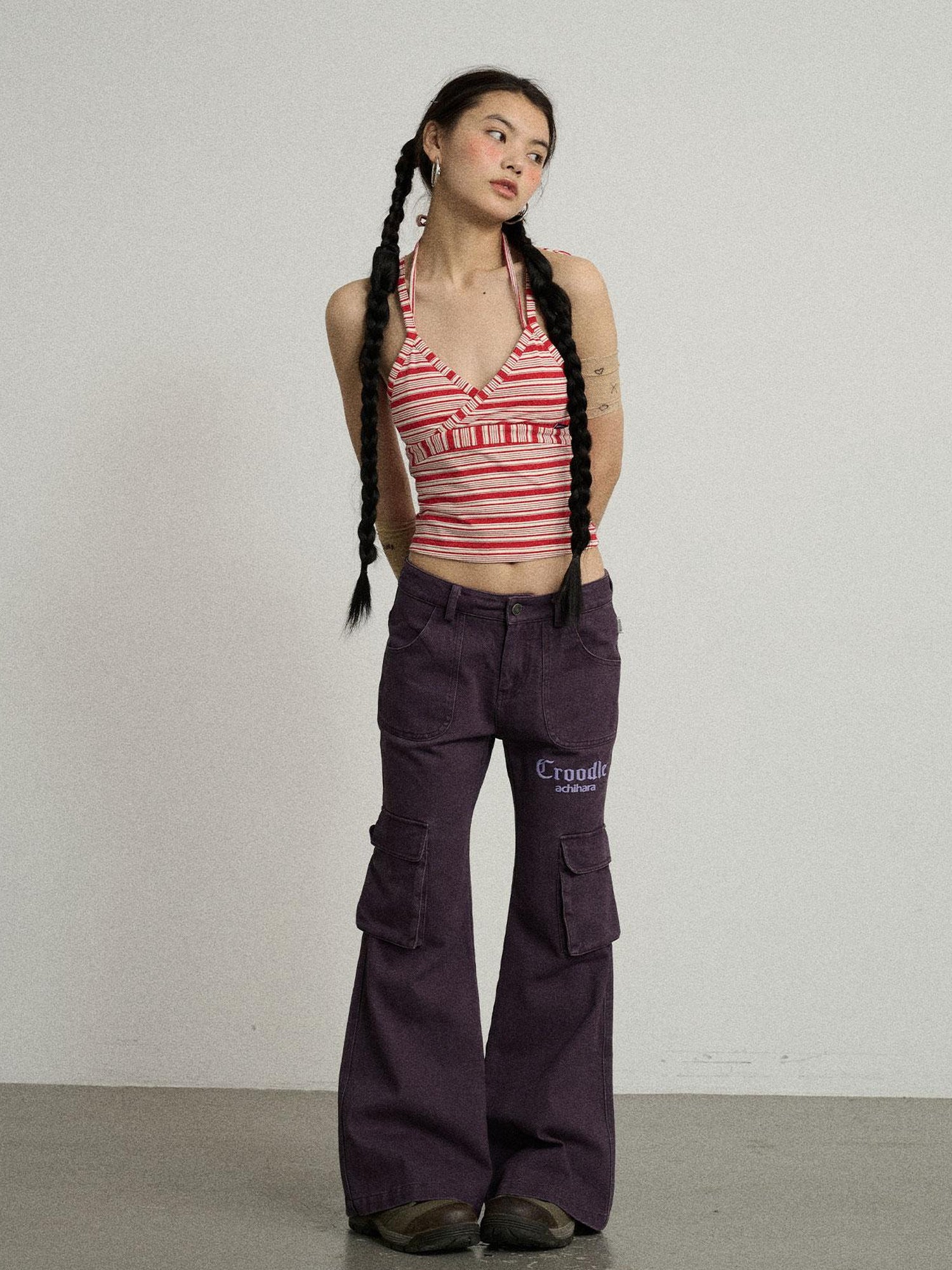 Achihara Gothic Pigeon Low Rise Flare Cargo Pants