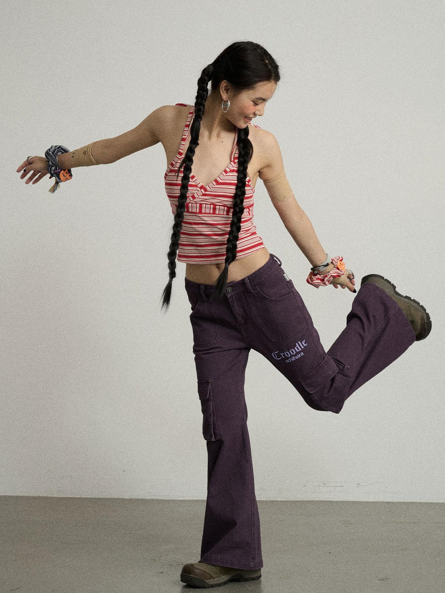 Achihara Gothic Pigeon Low Rise Flare Cargo Pants